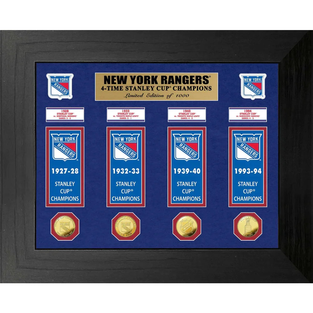 New York Rangers Stanley Cup Champions Gold Coin Framed Collage - Perfect for Hockey Fans, Sports Memorabilia Collectors, and Man Cave Decor