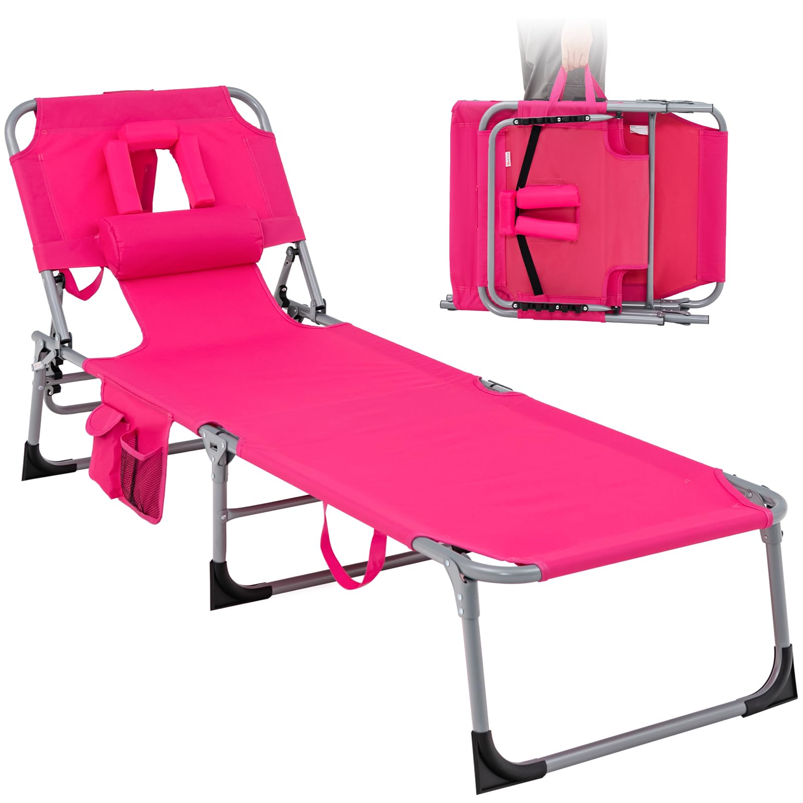 Tangkula Adjustable Folding Beach Chaise Lounge Chair with Face Hole & Side Pocket - Portable Reclining Sunbathing Chair for Poolside, Backyard, Patio - Perfect for Tanning, Relaxing by the Ocean or Outdoor Lounging