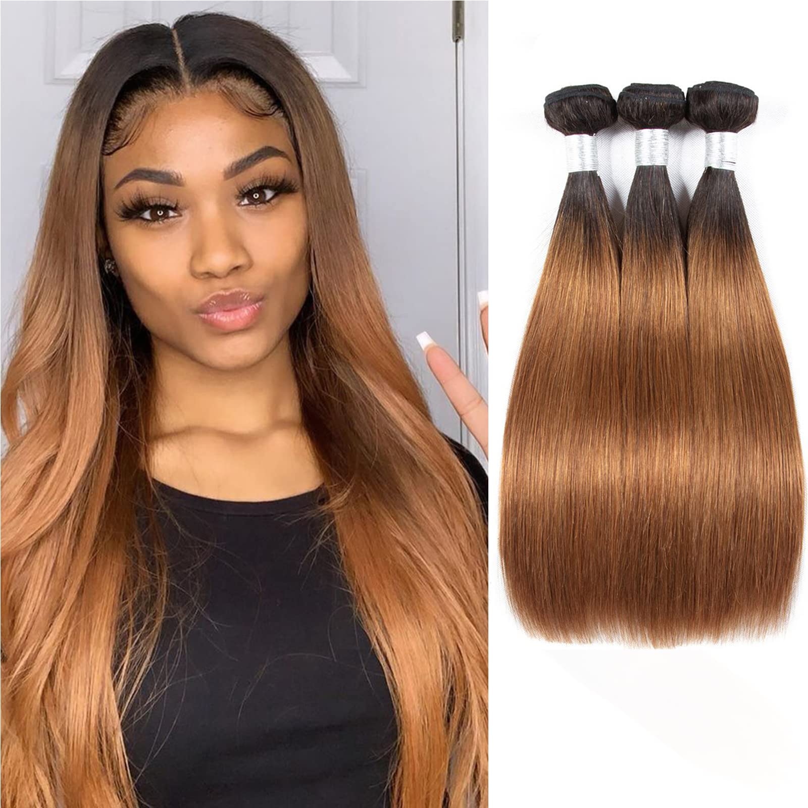 Brazilian Virgin Human Hair Bundles - Ombre Straight Hair Extensions 3 Bundles (22 24 26 Inch) T1B/30 Color for Natural Look | Perfect for Daily Styling, Parties & Special Occasions