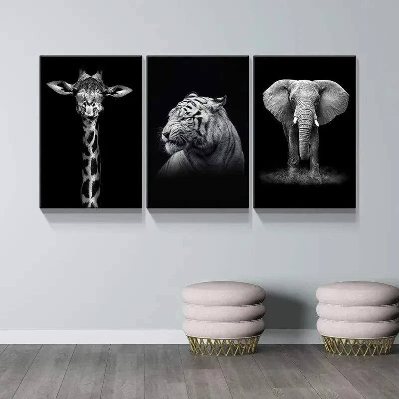 3-Piece Giraffe, Tiger & Elephant Metal Wall Art Prints - Ready to Hang Jungle Animal Decor for Living Room, Nursery & Office