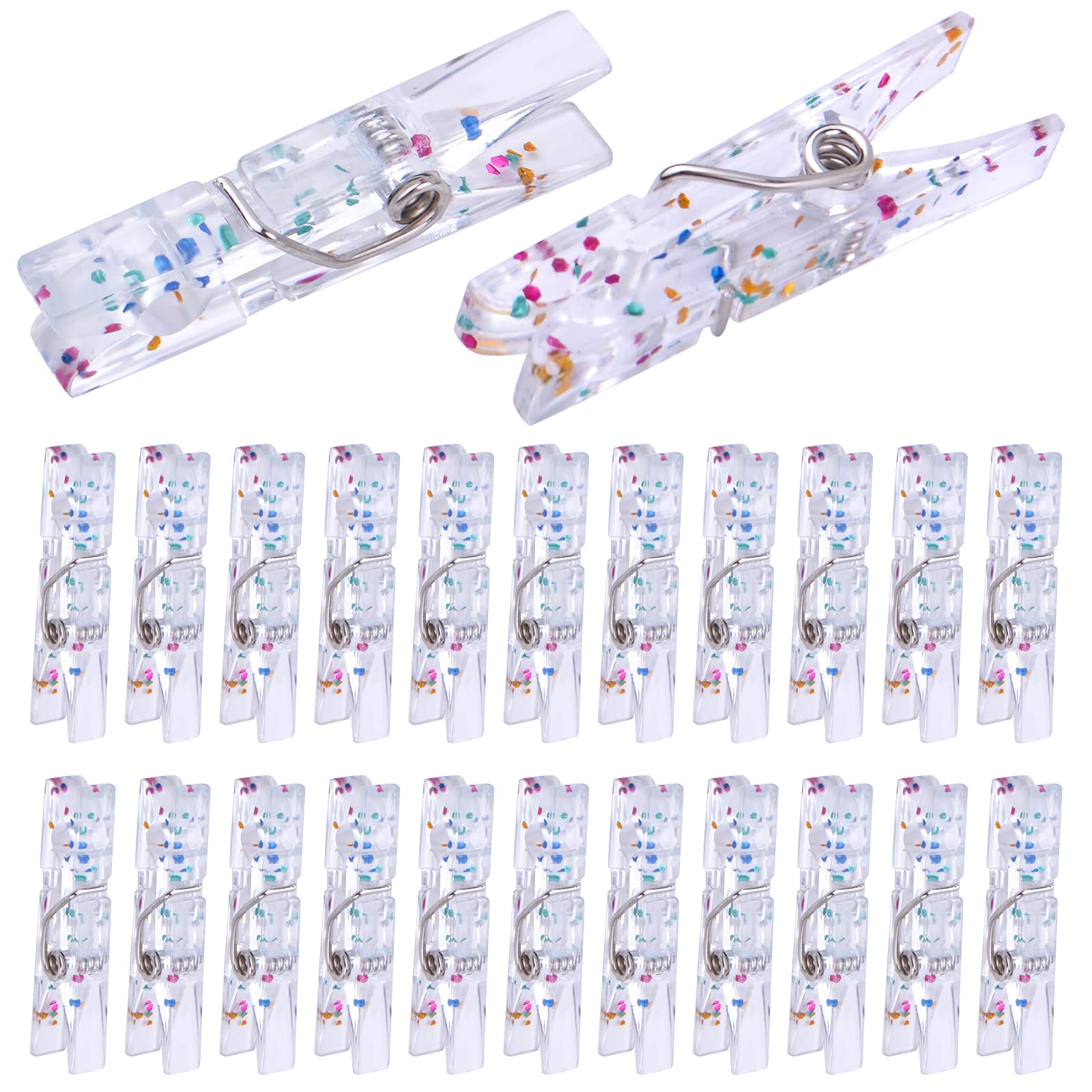 100pcs Transparent Plastic Clothespins with Glitter - 3.5cm Mini Clips for Crafts, Photos, Laundry & Christmas Decorations - Perfect for DIY Projects, Party Decor, and Home Organization