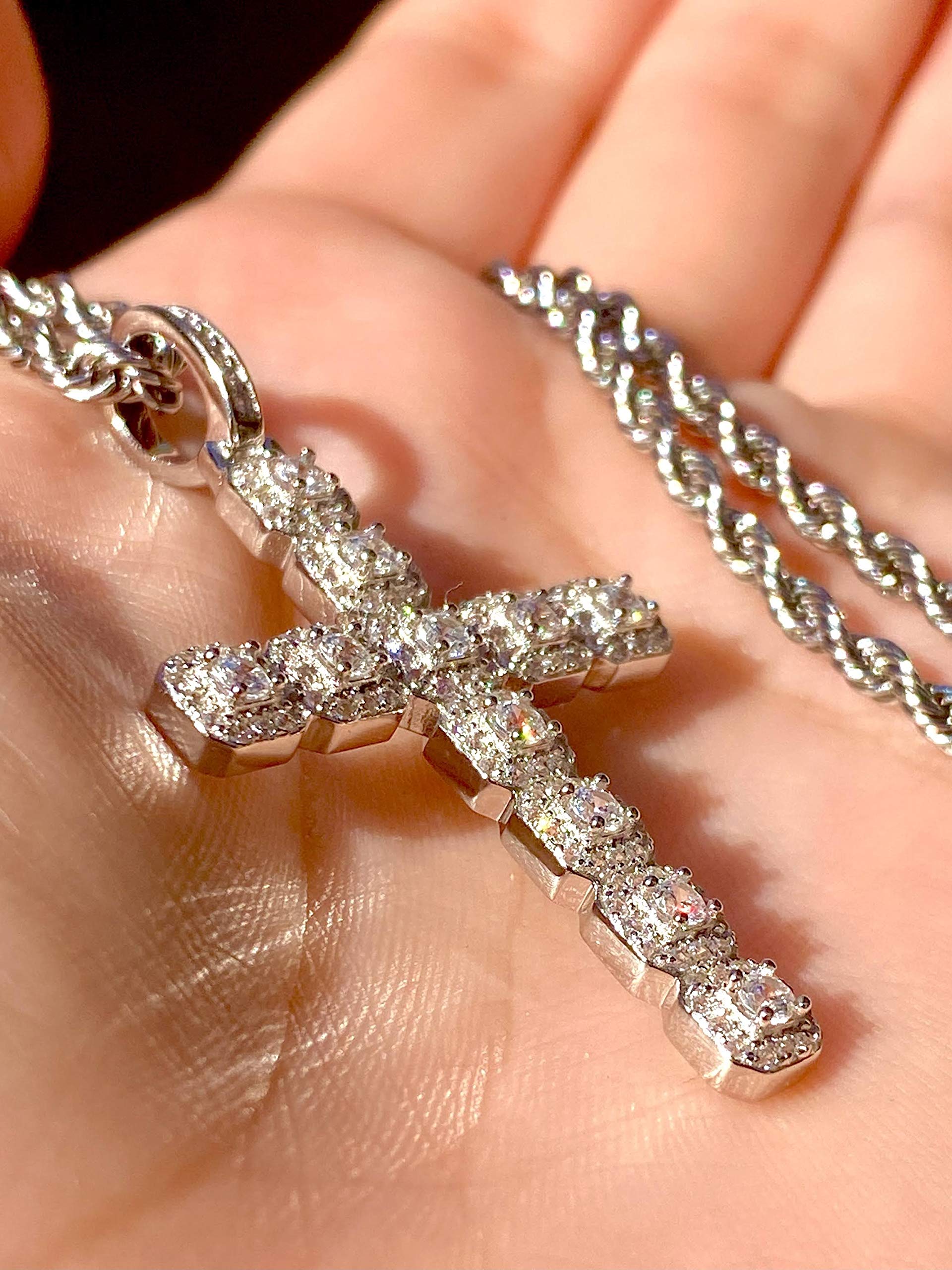 925 Sterling Silver Iced Out Tennis Cross Pendant for Men & Women - 3mm Stainless Steel Rope Chain (16