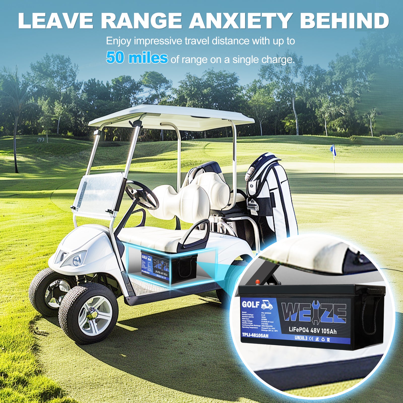 WEIZE 48V 105Ah LiFePO4 Deep Cycle Golf Cart Battery - 5376Wh Bluetooth Lithium Battery with 8000+ Cycles, 200A BMS & 10 Year Warranty - Includes Fast Charger for Golf Carts, RVs, Marine & Solar Power Systems