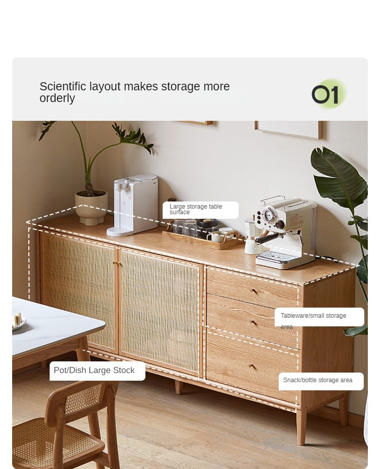 Oak Solid Wood Rattan Modern Sideboard Buffet Cabinet - Stylish Storage for Dining Room, Living Room & Entryway