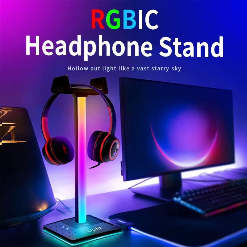 RGB LED Gaming Headset Stand with USB & Type-C Charging Ports | One-Button Control Headphone Holder for PC, PS5, Xbox | 10 Color Modes | Perfect for Gaming Setup & Workspace Organization