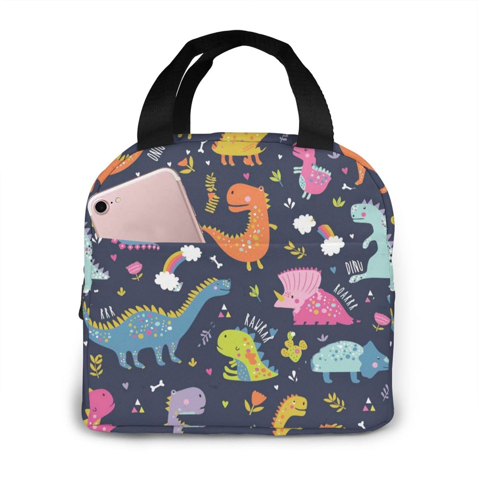 Dinosaurs Insulated Lunch Bag for Women & Girls - Cute Black Waterproof Cooler Tote with Multiple Compartments | Perfect for School, Work, Travel & Picnics