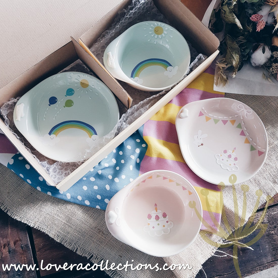 Chikudouen x Lovera Blue Balloon Kids Dinnerware Set - 4-Piece Children's Tableware Gift for Birthday & Holidays (Plates, Bowls, Cups & Utensils) - Perfect for Parties, Daily Meals & Special Occasions