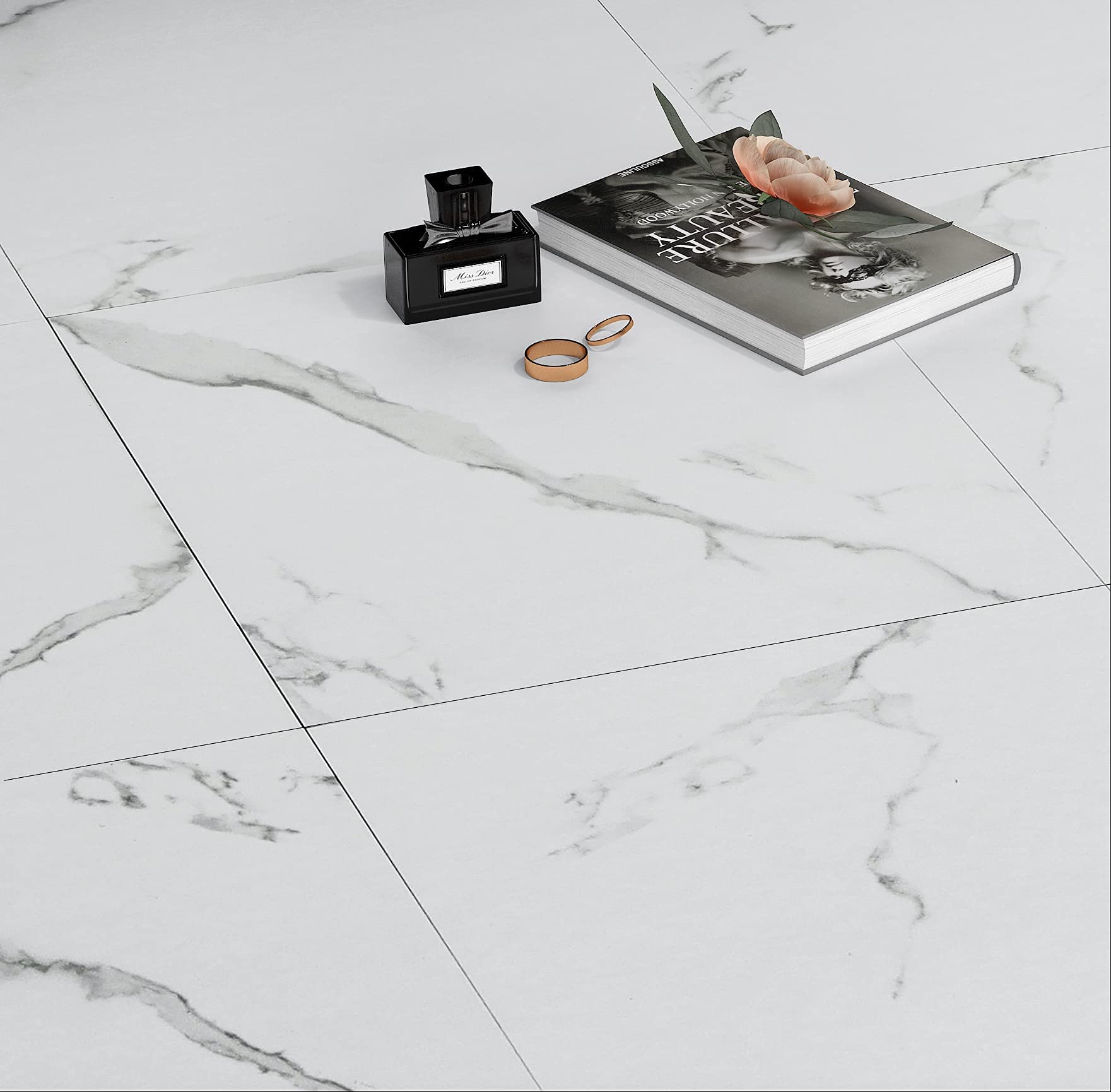 FunStick White Peel and Stick Flooring Tiles - 12x12 Inch Waterproof Vinyl Floor Tiles (15 Pack) - Removable Marble Self-Adhesive Flooring for Bathroom, Kitchen & Bedroom - Easy DIY Home Renovation & Apartment Decor