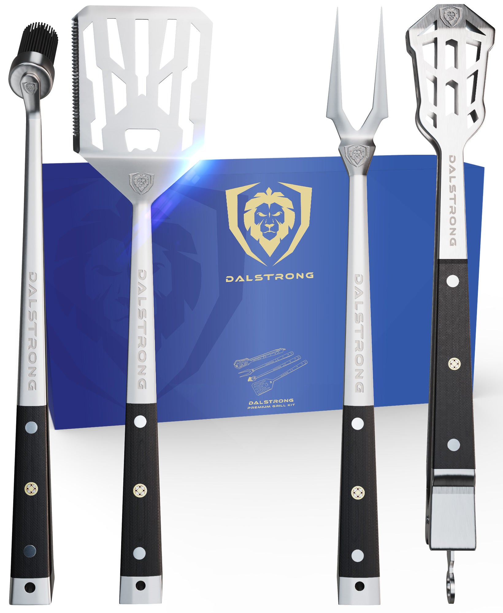 Premium 4-Piece Grill Kit - Tongs, Spatula, Fork & Silicone Brush Set | Heavy Duty Stainless Steel BBQ Tools | Perfect for Backyard Grilling, Camping & Outdoor Cooking | Dalstrong ©