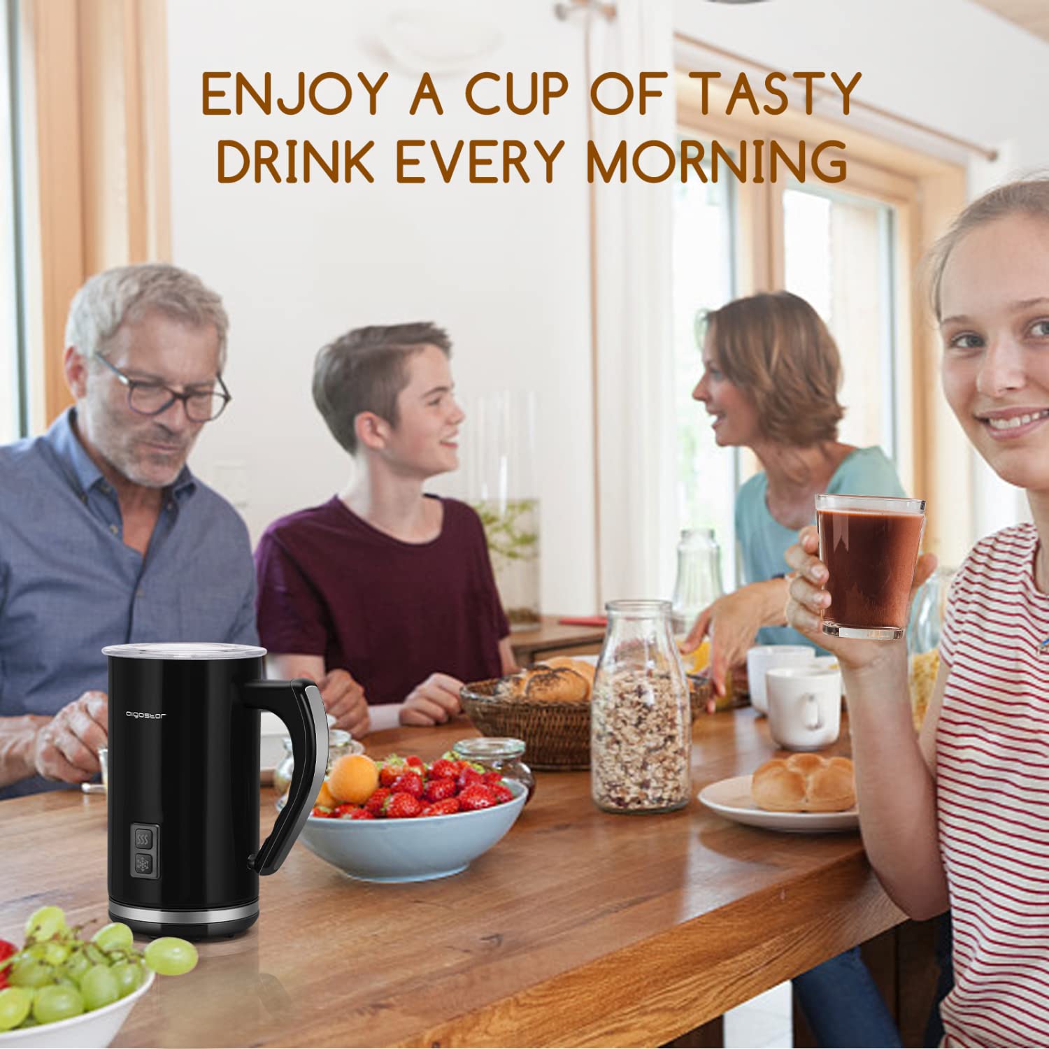 Aigostar 4-in-1 Electric Milk Frother & Steamer - Automatic Hot/Cold Milk Foam Maker for Coffee, Latte, Cappuccino & Hot Chocolate - Silent Operation, Black - Perfect for Home Baristas & Coffee Lovers