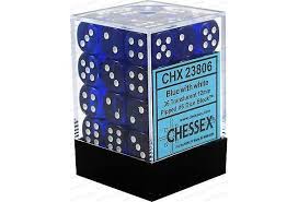 Chessex 36-Pack Blue & White Translucent 12mm D6 Dice Set - Perfect for Tabletop RPGs, Board Games, and D&D Adventures