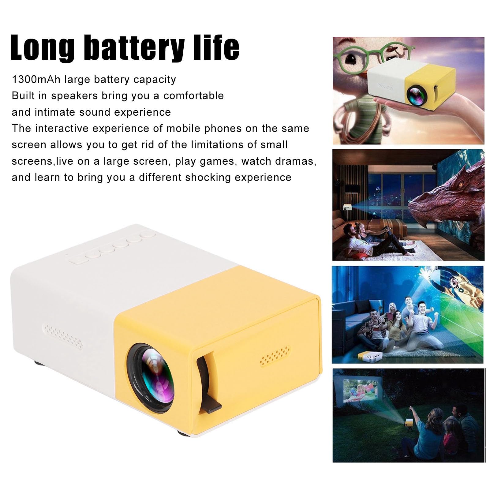 RajoNN Mini HD Projector - 1080P Support, 800:1 Contrast Ratio, Built-in Speaker, 23 Languages, Compact Portable Projector for Home Theater, Bedroom Movie Nights, and Indoor Entertainment (UK Plug)