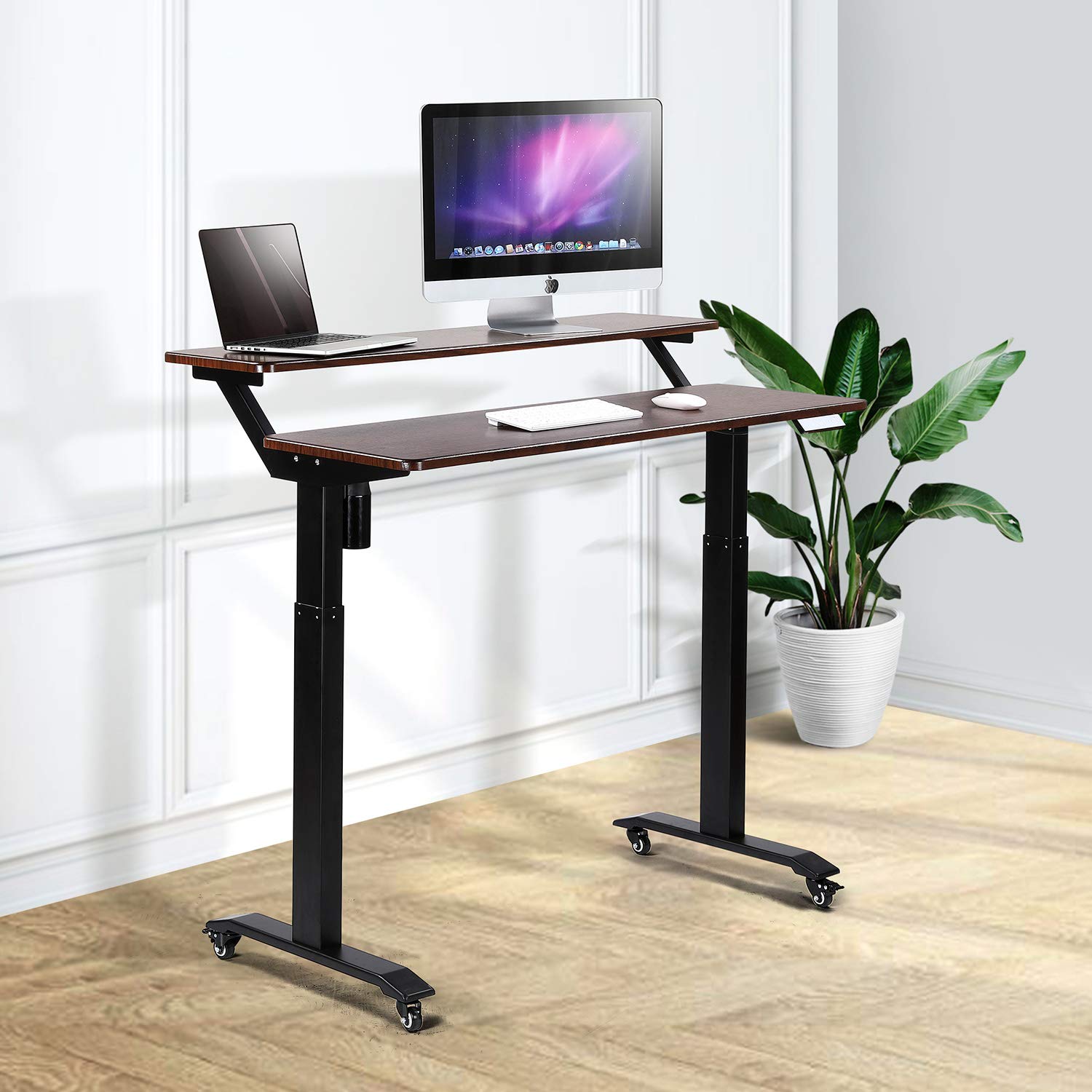 UNICOO Electric Height Adjustable 2-Tier Standing Desk with Wheels - Mobile Workstation with Monitor Stand, Ergonomic Home Office Desk for Gaming & Working - Perfect for Small Spaces & Remote Work Setup