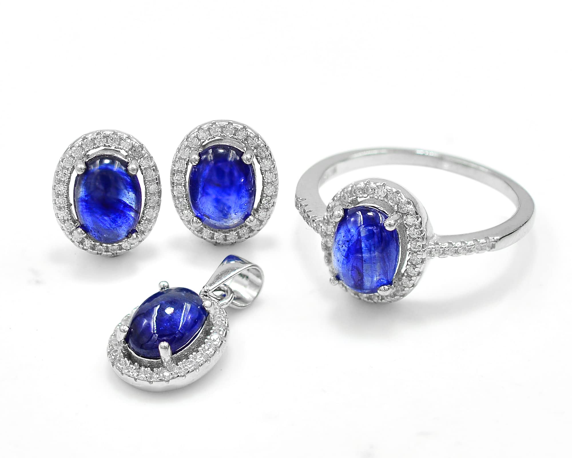925 Sterling Silver Natural Blue Sapphire Jewelry Set - Cabochon Ring, Earrings & Pendant for Women | September Birthstone, Engagement & Anniversary Gift for Her | Perfect for Weddings, Parties & Special Occasions