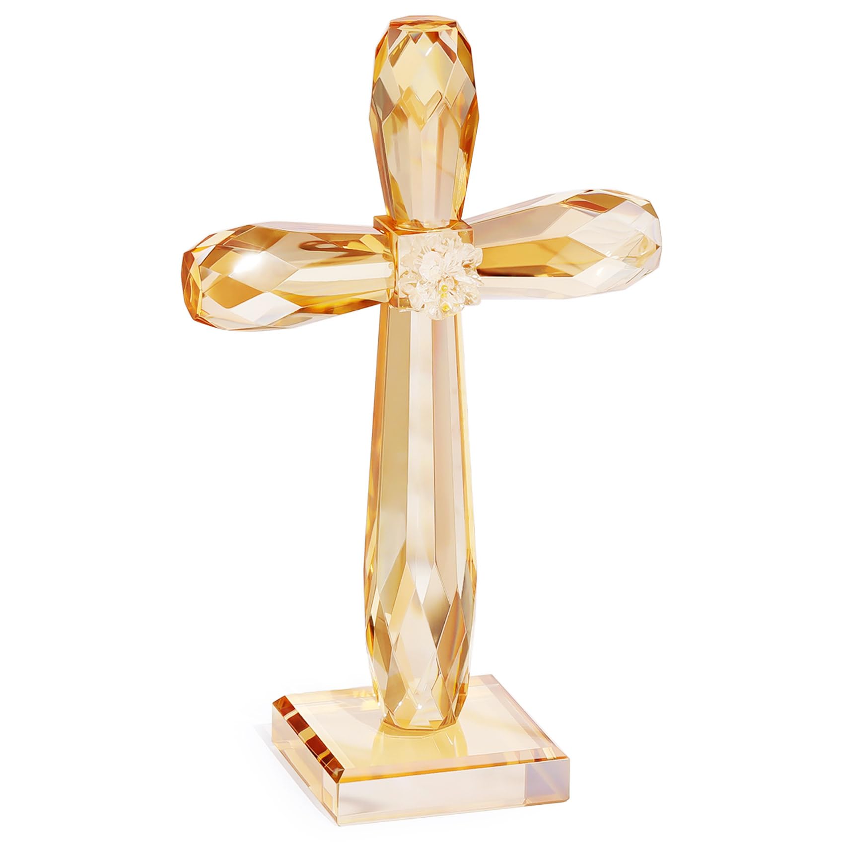 YWHL Handmade Champagne Crystal Standing Cross Figurine - Religious Gift for Women & Men, Christian Home & Office Decor, Easter Cross Collectible - Perfect for Prayer Spaces, Wedding Favors & Spiritual Gifts