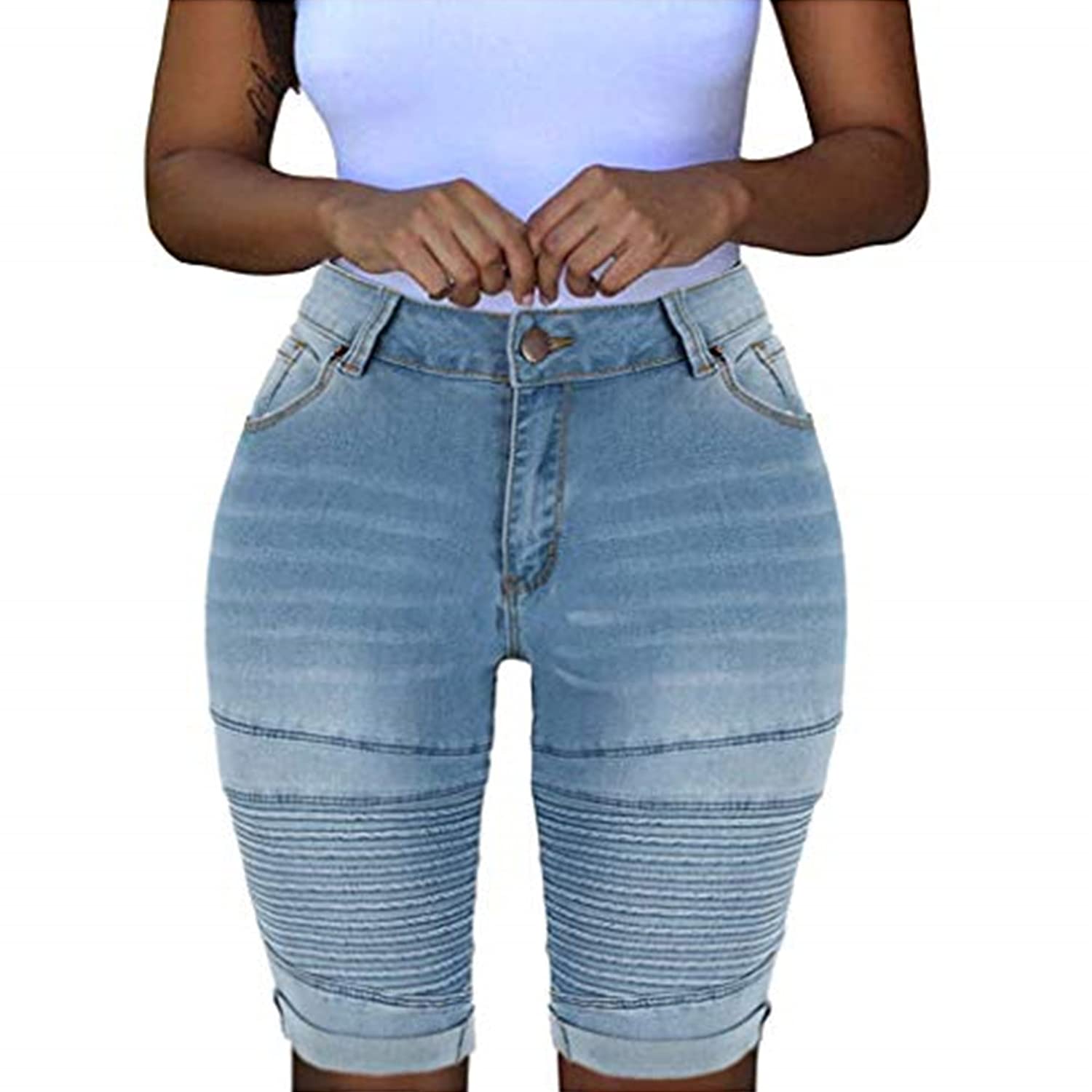 Women's High Waist Stretchy Denim Shorts - Butt-Lifting Moto Bermuda Jeans for Summer | Knee Length Wrinkle-Resistant Curvy Fit | Small Size Dark Blue | Perfect for Casual Outings, Beach Vacations & Streetwear Fashion