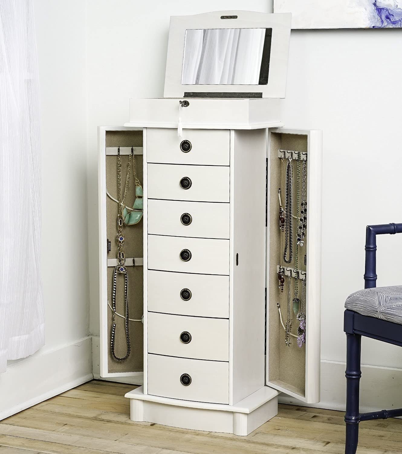 Wooden Jewelry Cabinet Armoire Organizer - 7 Drawers & 2 Side Doors, Freestanding Floor Jewelry Storage Chest for Necklaces, Rings, Bracelets - Perfect for Bedroom, Closet & Dressing Room Organization (White)