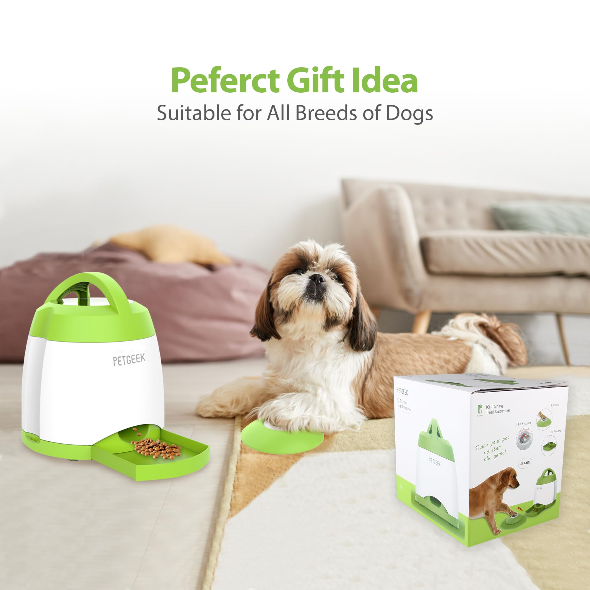 PETGEEK Automatic Dog Treat Dispenser - Interactive IQ Training Toy with Remote Control, Electronic Puzzle Feeder for Dogs, Dual Power Supply (Green) - Perfect for Boredom Relief & Mental Stimulation at Home or Travel