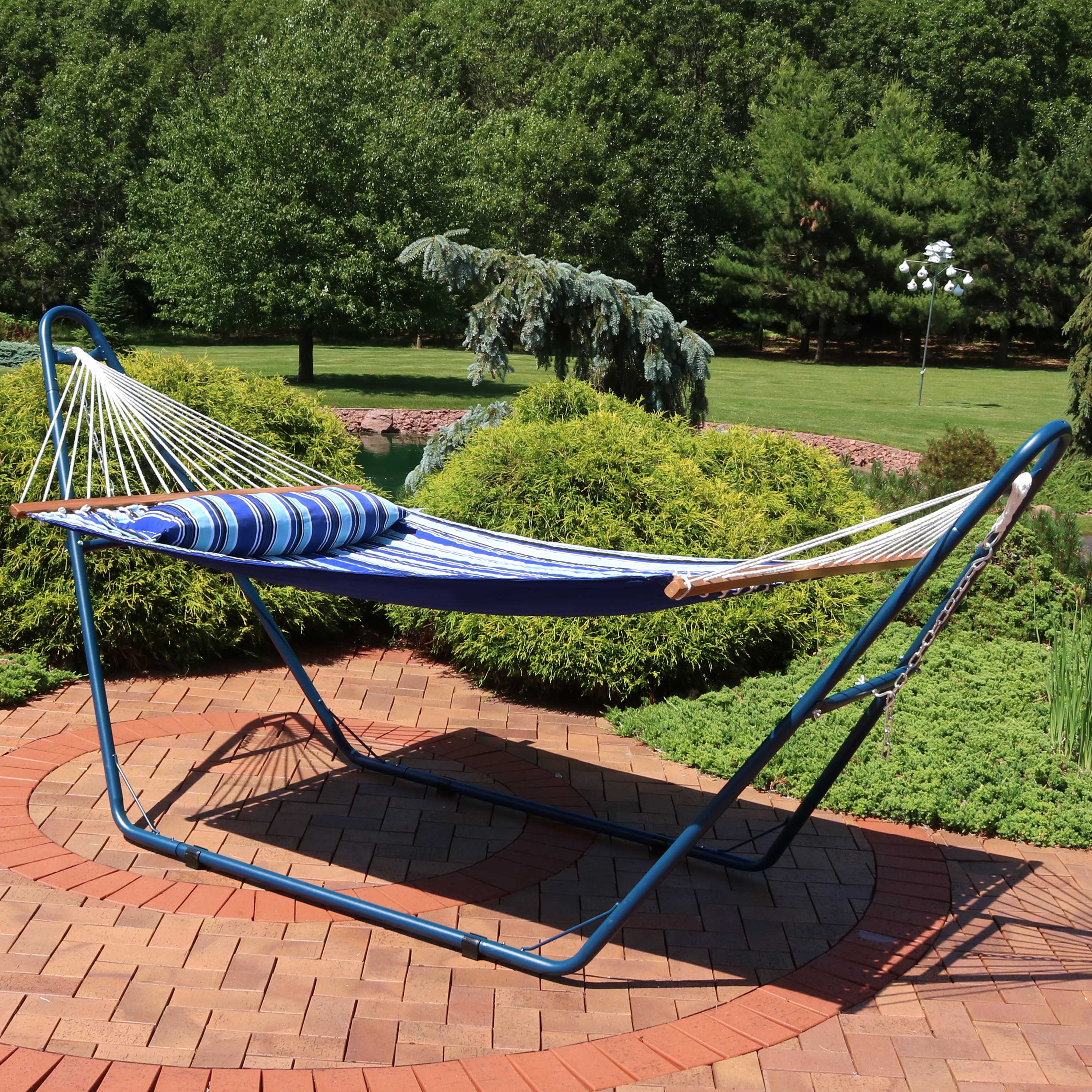 Sunnydaze Quilted 2-Person Hammock with Universal Blue Steel Stand - Portable Outdoor Hanging Bed for Backyard, Beach, Camping & Patio Relaxation