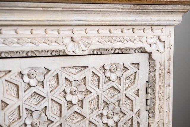 Hand Carved Floral Design Wooden TV Stand - Rustic Media Console Table with Storage Shelf for Living Room, Bedroom & Home Decor