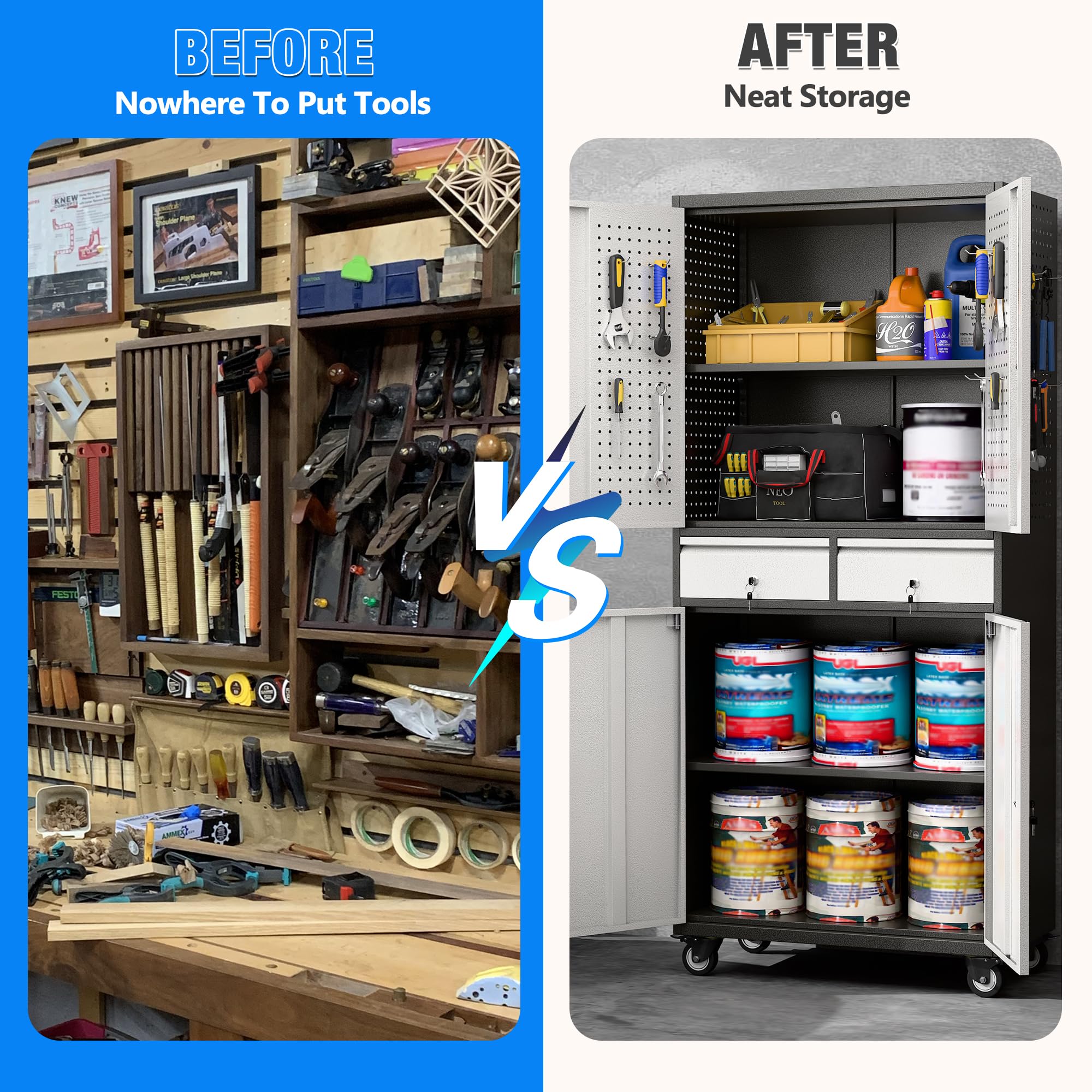 Aobabo Heavy-Duty Metal Storage Cabinet with Locking Doors & Pegboard - 2-Drawer Steel Rolling Tool Cabinet with Adjustable Shelves for Garage, Home, Office & Kitchen - Easy Assembly (Black Gray) - Perfect for Organizing Tools, Supplies & Equipment