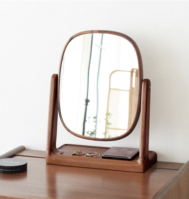 Premium Black Walnut Solid Wood Makeup Mirror & Jewelry Storage Box with 360° Rotation - Perfect for Vanity, Dressing Table, and Bathroom Organizer