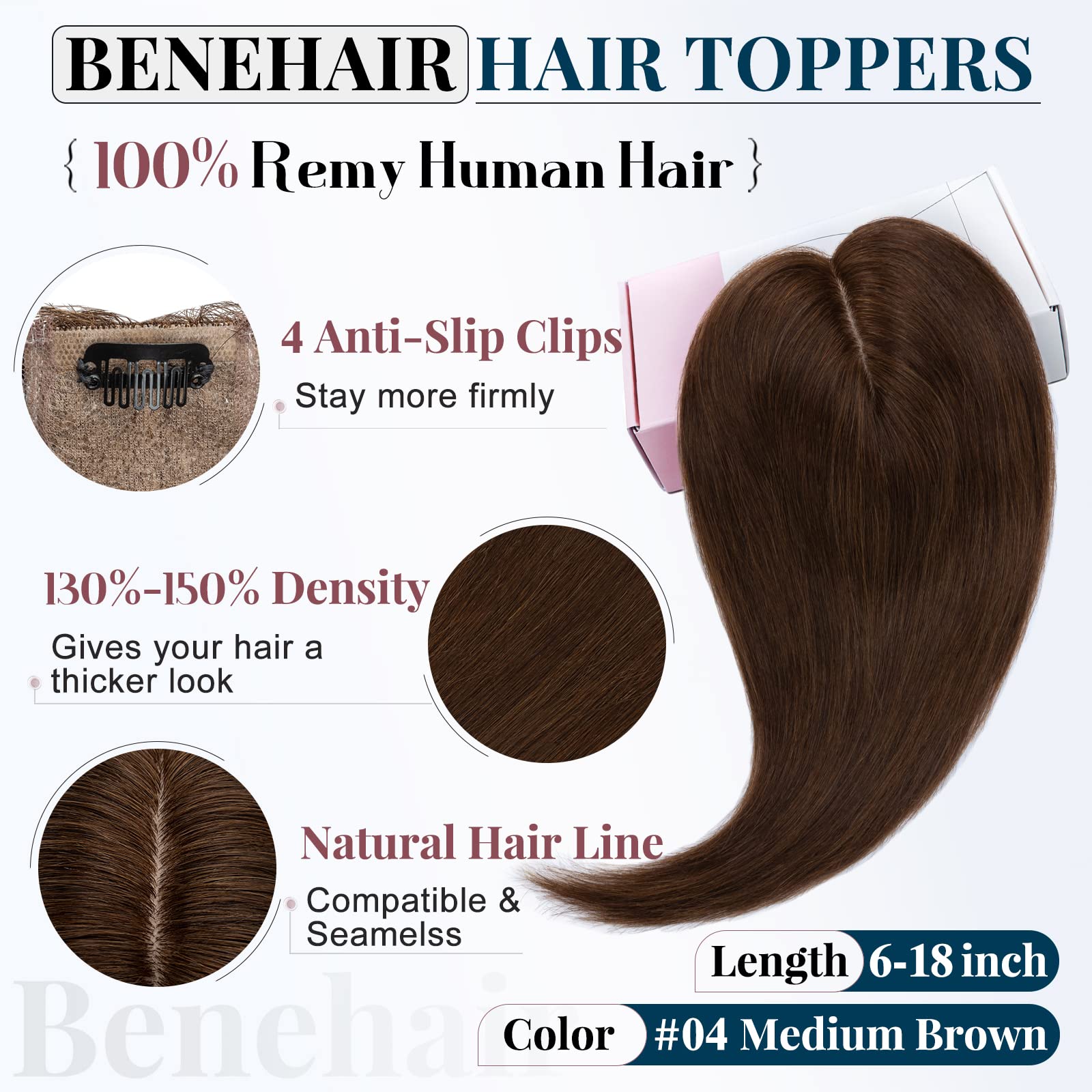Benehair Clip-in Human Hair Topper for Women - 14 Inch Silk Base Hairpiece with Thinning Hair Solution, Remy Human Hair Extensions, Medium Brown (#04) - Perfect for Daily Wear, Special Occasions & Hair Volume Enhancement