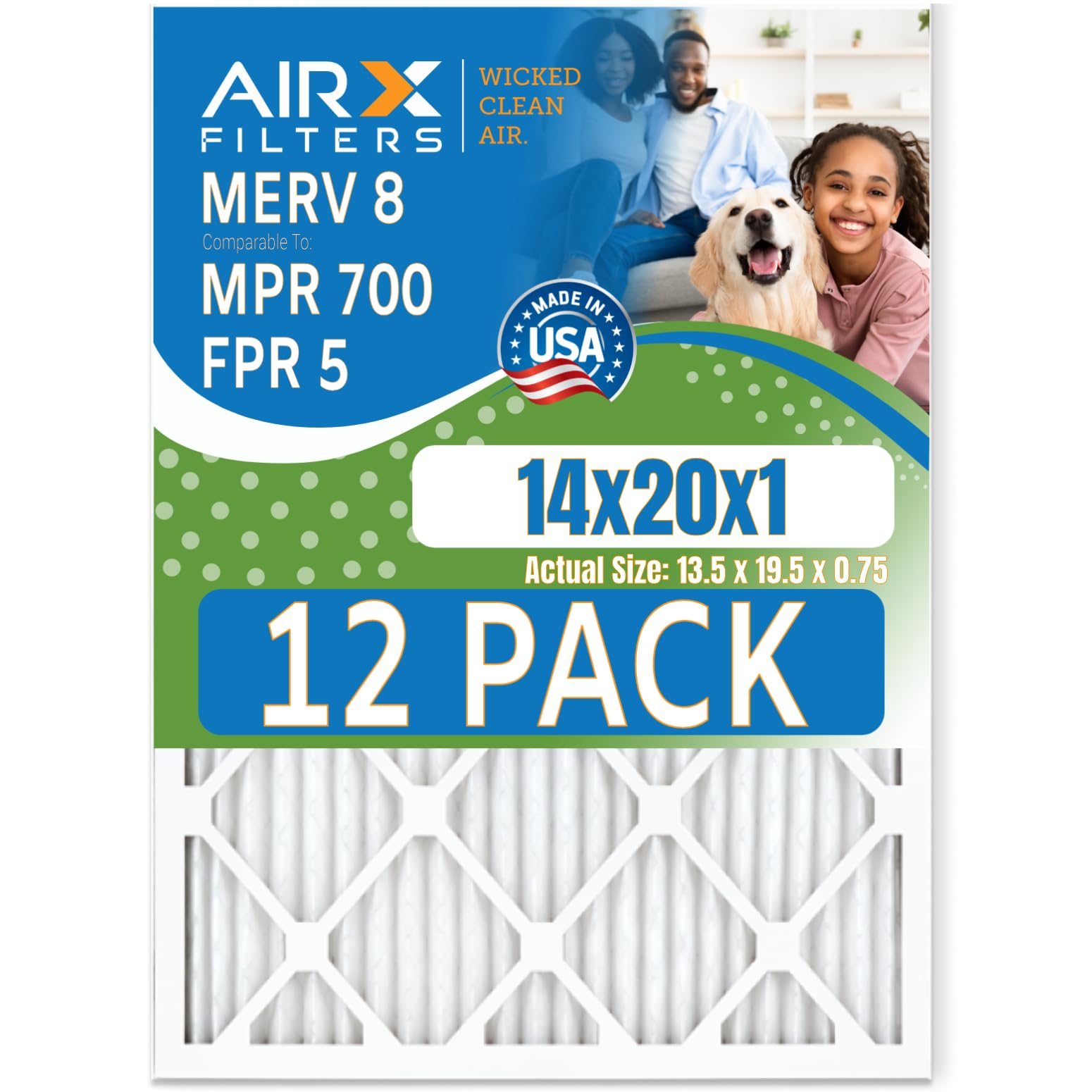 14x20x1 MERV 8 Air Filters - 12 Pack Premium Furnace Filters (MPR 700 & FPR 5 Equivalent) - Made in USA by AIRX FILTERS - Perfect for HVAC Systems, Home Air Purifiers & Allergies Relief
