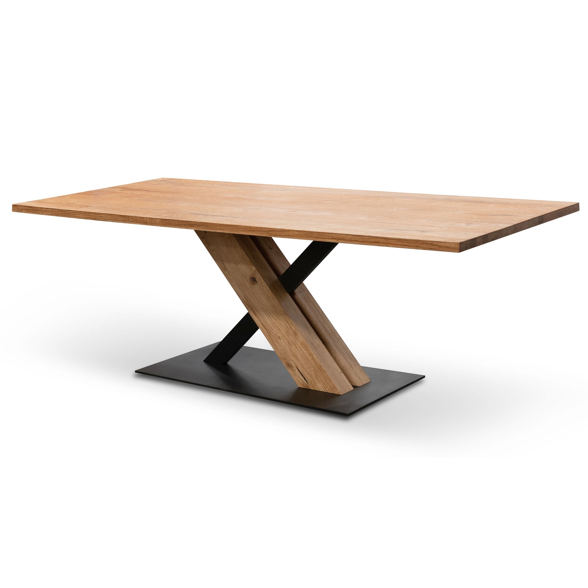 Rustic Oak Wooden Dining Table with Metal Base - 2.2m Farmhouse Style for Kitchen, Dining Room & Outdoor Entertaining