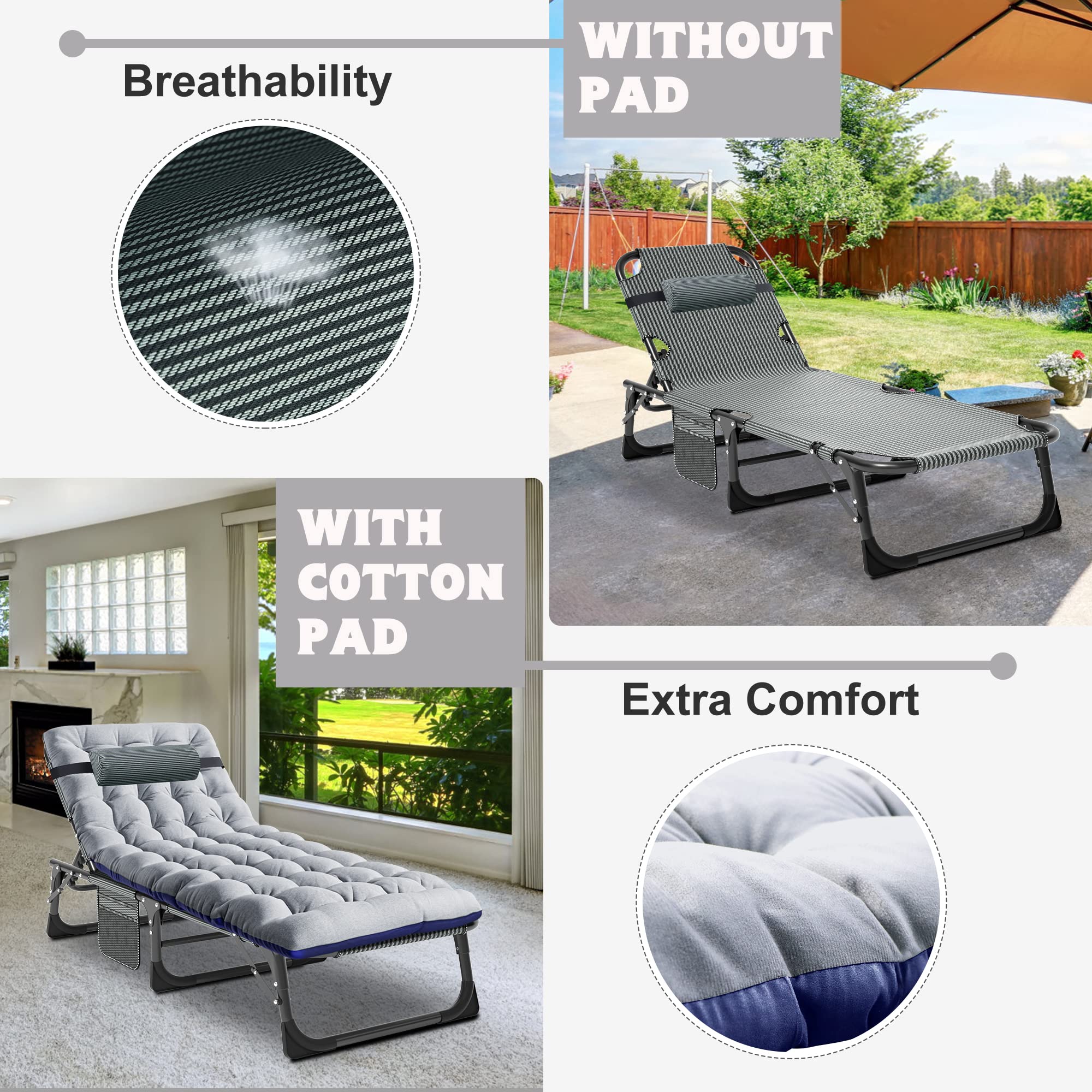 ABORON 5-Position Adjustable Camping Cot for Adults - Portable Folding Sleeping Cot & Outdoor Lounge Chair with Pillow - Perfect for Beach, Lawn, Camping, Poolside & Sunbathing