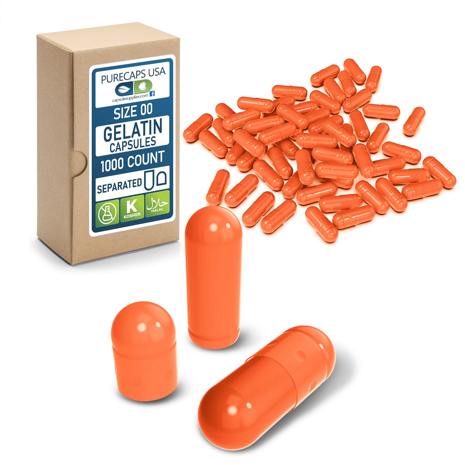 Purecaps USA - 1,000 Count Size 00 Empty Gelatin Pill Capsules | Orange, Non-GMO Certified | SLS, Gluten & Preservative Free | DIY Supplement Filling for Vitamins, Herbs & Powders