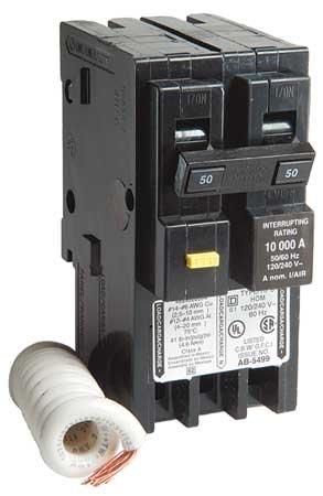 Square D HOM250GFI 50 Amp 2-Pole Circuit Breaker with Ground Fault Interrupter - Plug-In Type for Electrical Panels - Ideal for Home, Workshop & Industrial Use