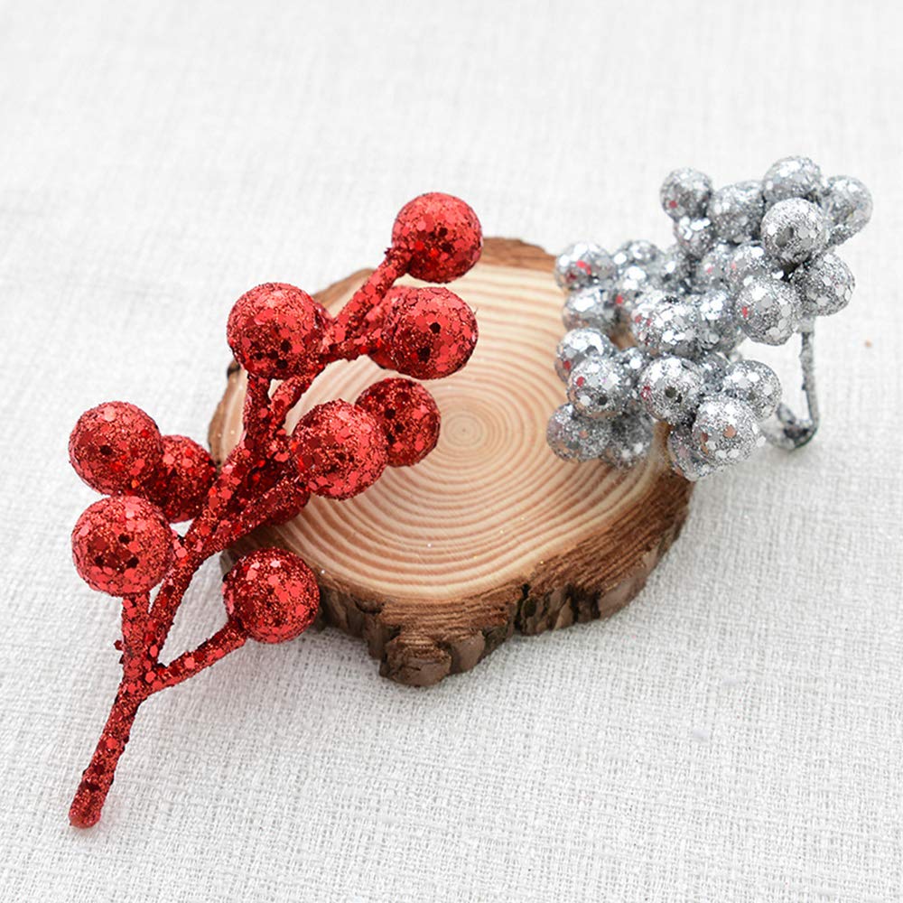 Greatstar Artificial Berry Branches with Glitter Powder - Realistic Fake Berry Decor for Christmas, Home, and Party (Red, Silver, Gold) - 15-Pack Set - Perfect for Holiday Centerpieces, Wreaths, and Tabletop Decorations