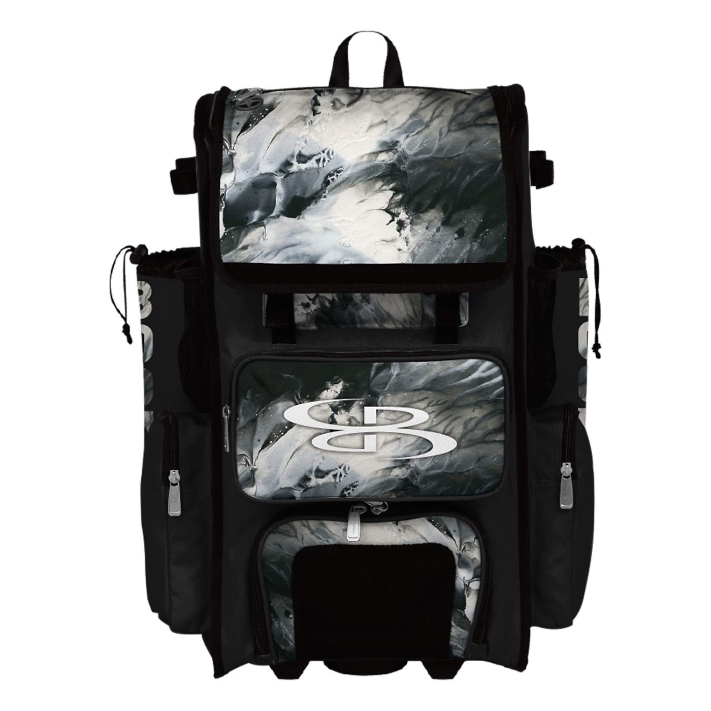 Boombah Superpack Hybrid Rolling Bat Bag - Wheeled & Backpack Baseball Equipment for Travel & Games (Black/White Glacier) - Perfect for Baseball Tournaments, Team Travel & Practice Sessions