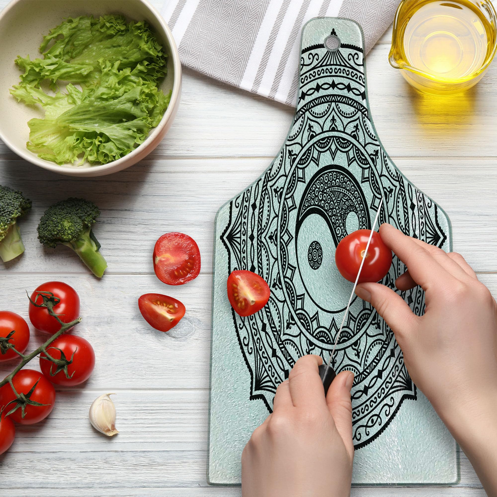 Ambesonne Yin Yang Cutting Board - Circular Mandala Design with Paisley Motif & Karma Cosmos Symbol - Tempered Glass Serving Board for Kitchen & Entertaining - Wine Bottle Shape in Black & White - Perfect for Cheese Platters, Charcuterie & Wine Pairing