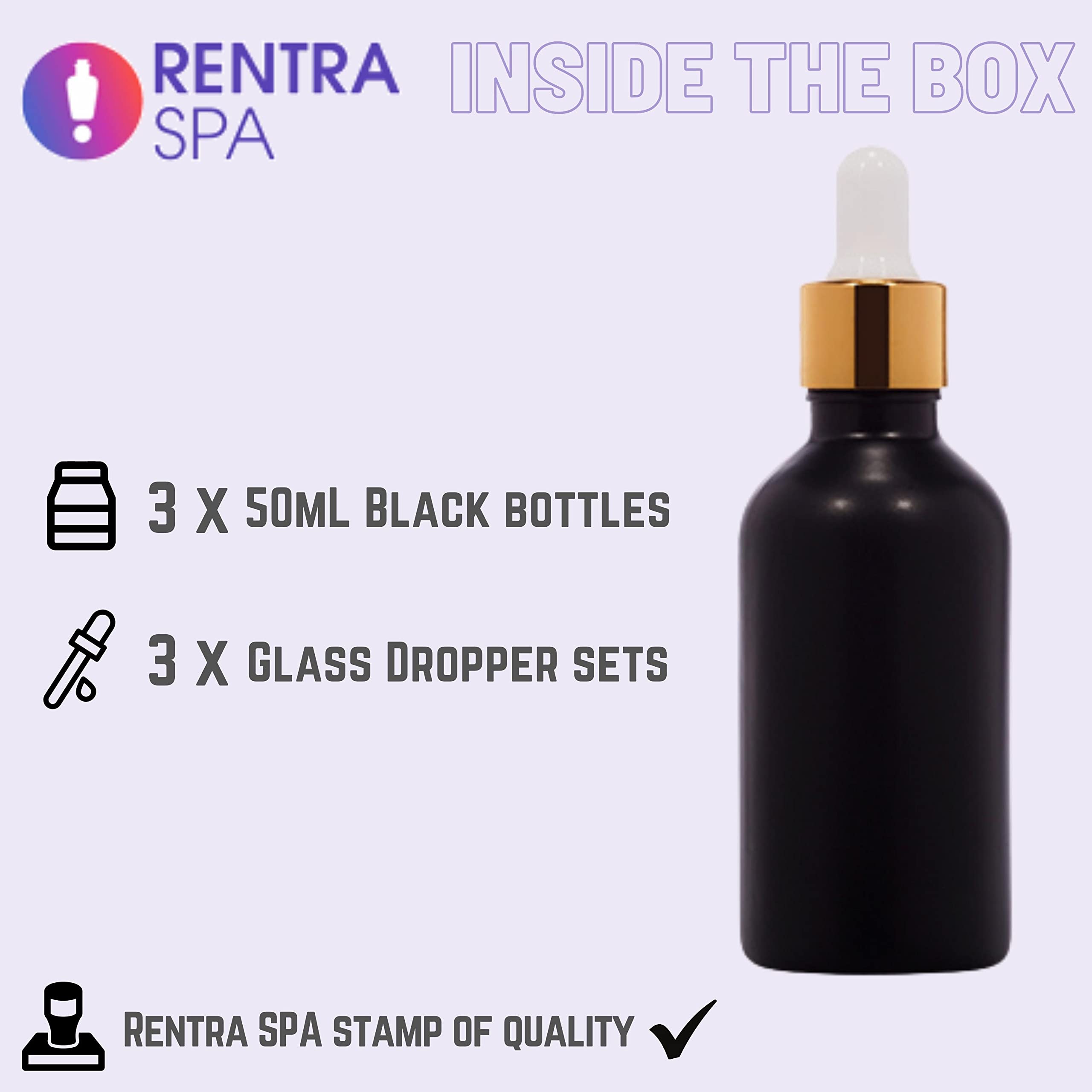 50ml Glossy Black Round Glass Bottle with Glass Dropper, Gold Ring & White Silicone Teat - Perfect for Essential Oils, DIY Skincare & Home Decor (Rentra S.P.A)