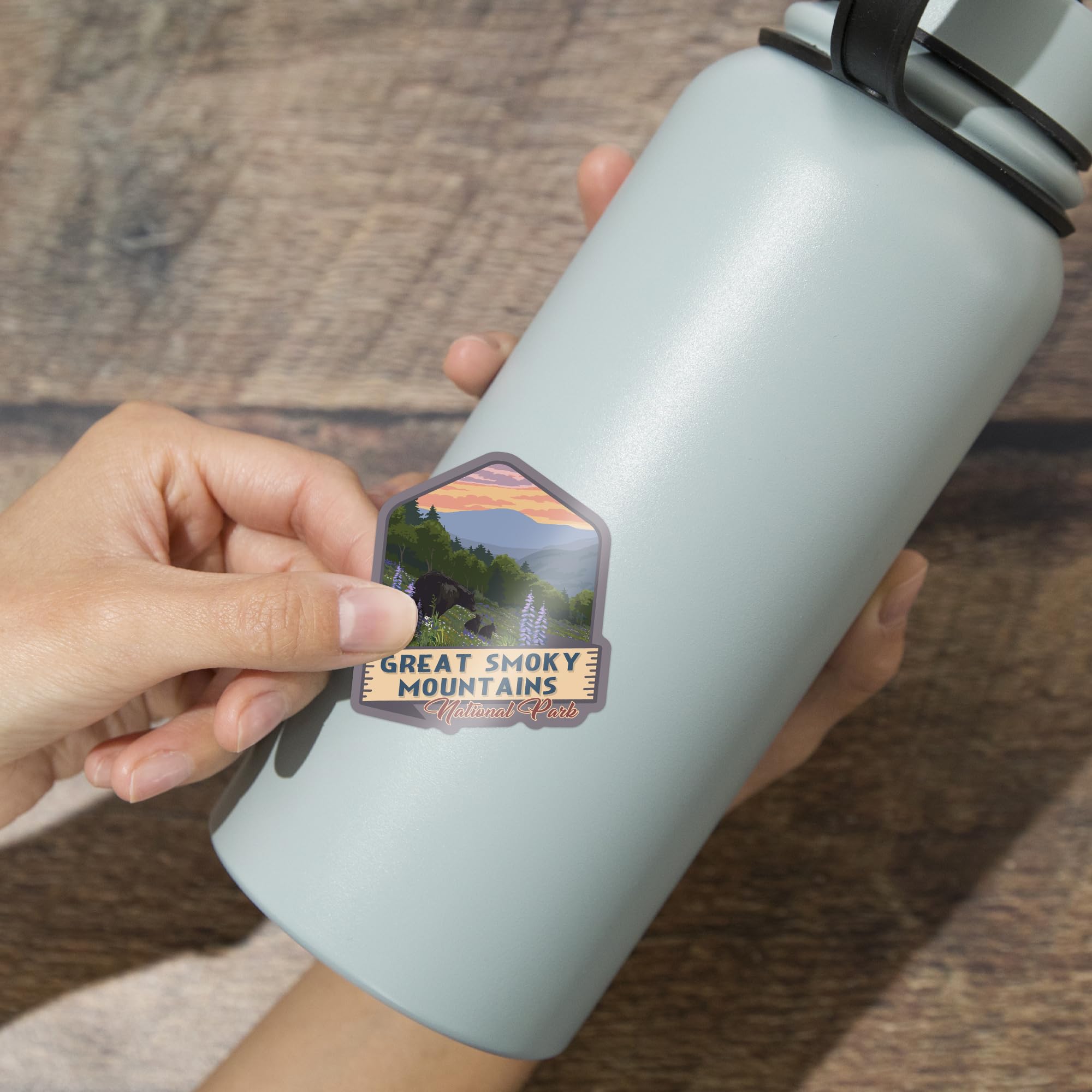 Waterproof Die-Cut Vinyl Sticker - Great Smoky Mountains National Park Tennessee Bear & Spring Flowers Design (1-3 inch) - Perfect for Cars, Water Bottles, Laptops, Coolers, Notebooks & Outdoor Gear Decoration
