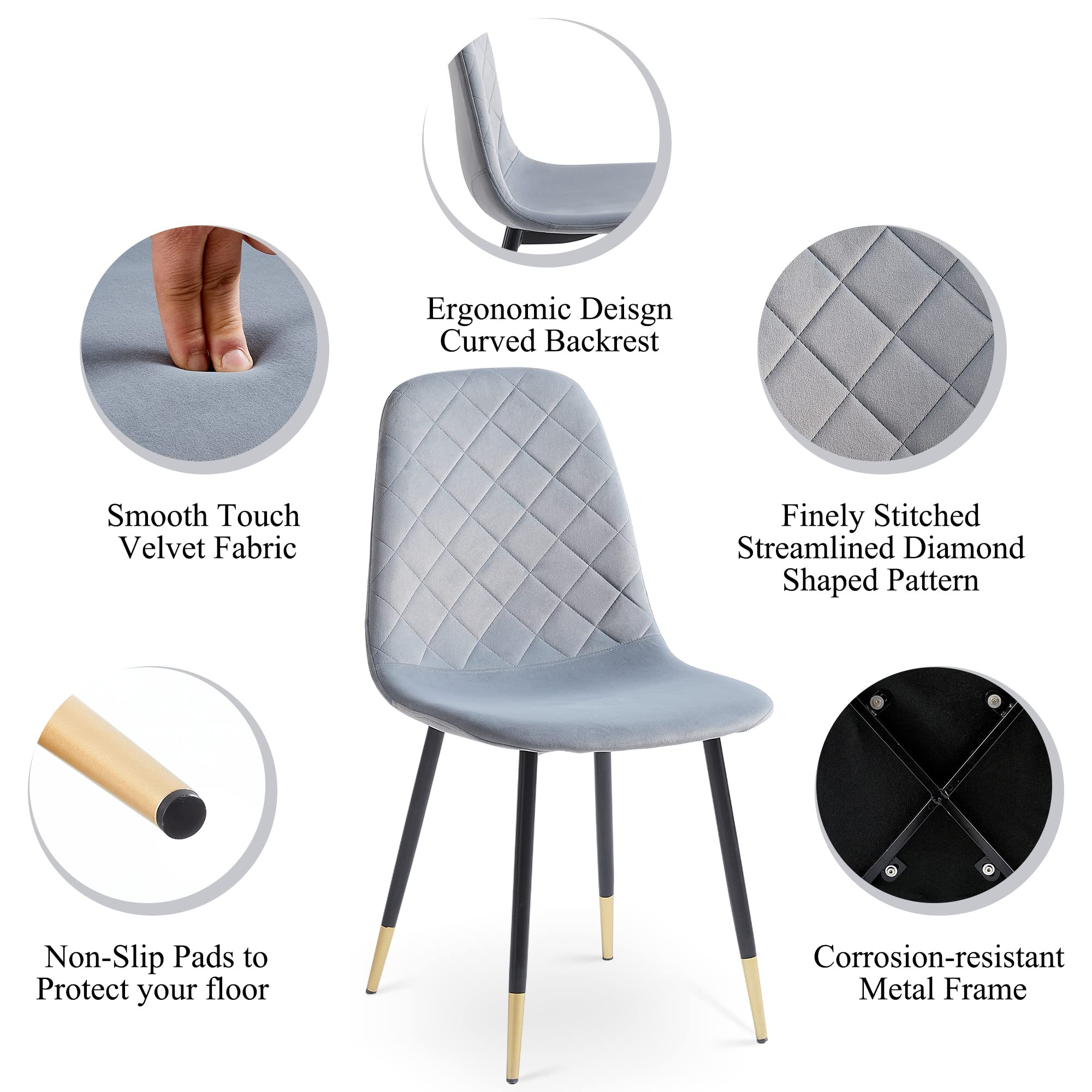 Nordicana Velvet Dining Chairs Set of 2 - Modern Upholstered Kitchen Side Chairs with Sturdy Metal Legs in Soft Grey | Perfect for Dining Room, Breakfast Nook & Small Space Decor