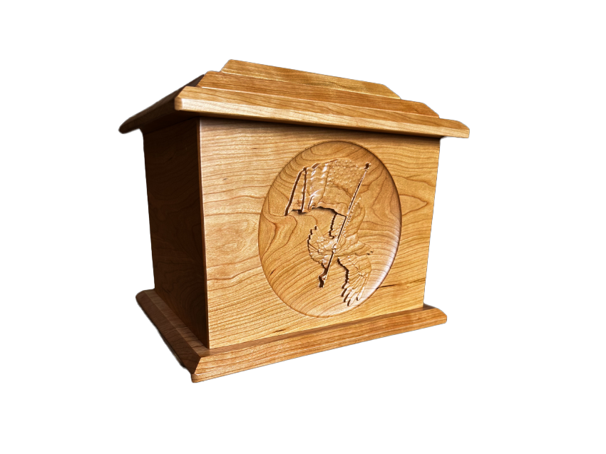 Hand Carved Extra Large Cherry Wood Urn for Ashes - Patriotic Memorial Keepsake for Home Display or Funeral Service