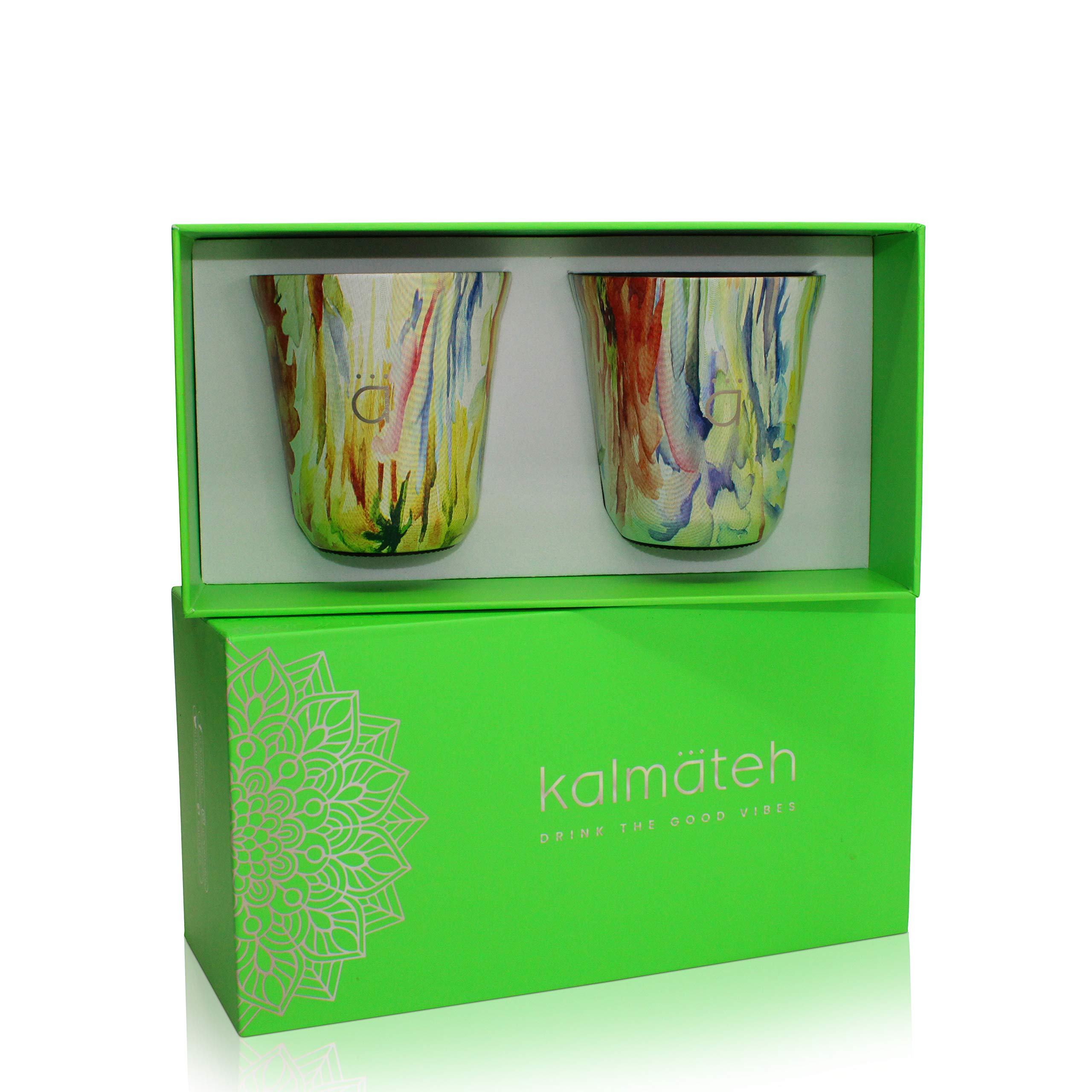 Kalmateh 5oz Double Wall Insulated Stainless Steel Coffee Mugs Set of 2 - Heat Resistant Espresso Cups for Hot & Cold Drinks - Flower Power Design - Perfect for Home, Office & Outdoor Use