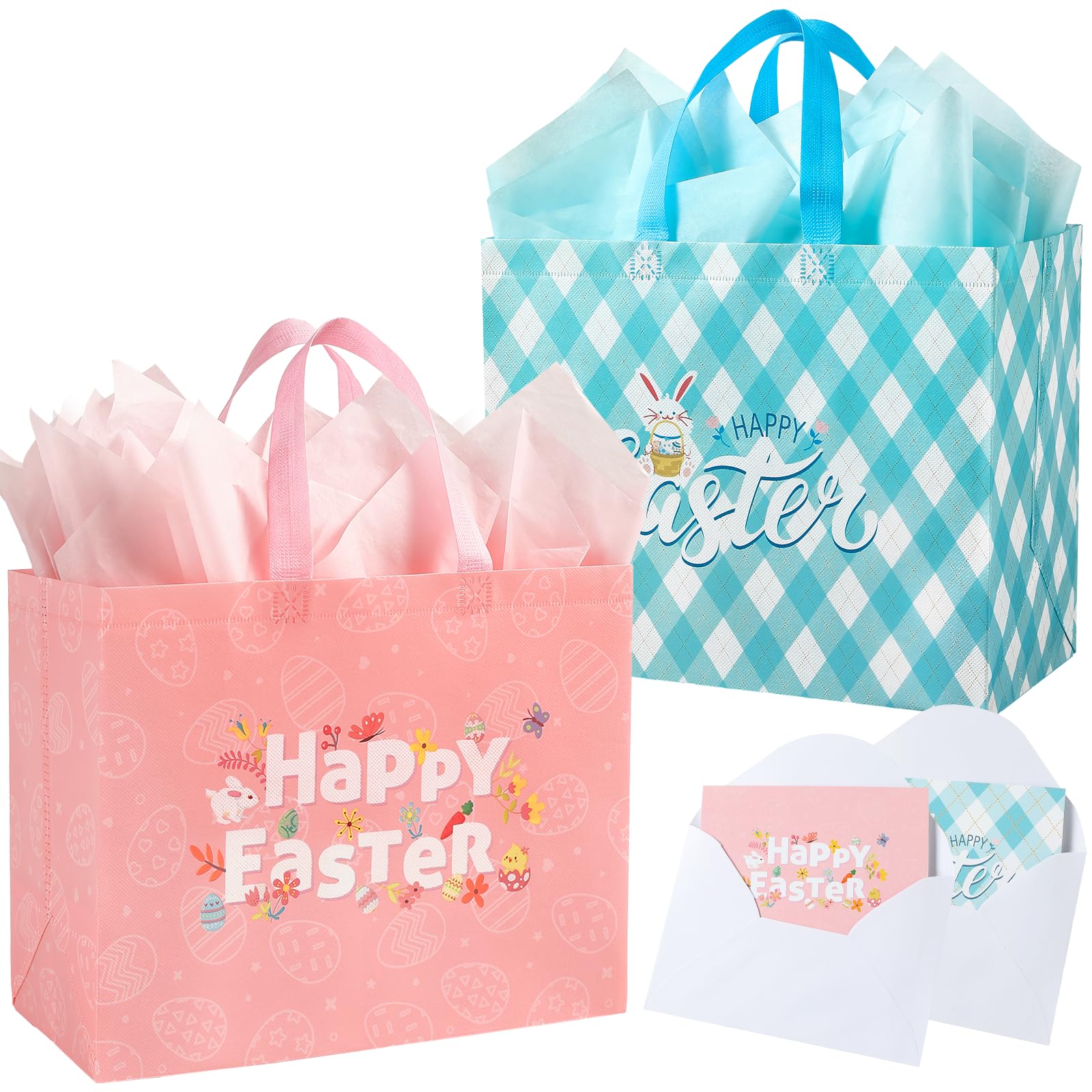 STYPOP 13 Inch Large Easter Gift Bags with Tissue Paper - 2 Pack Colorful Easter Baskets with Handles for Kids - Perfect for Easter Egg Hunts, Party Favors, Candy Treats & Holiday Gifts (Pink & Blue) - Great for Classroom Celebrations, Birthday Parties & Spring Festivals