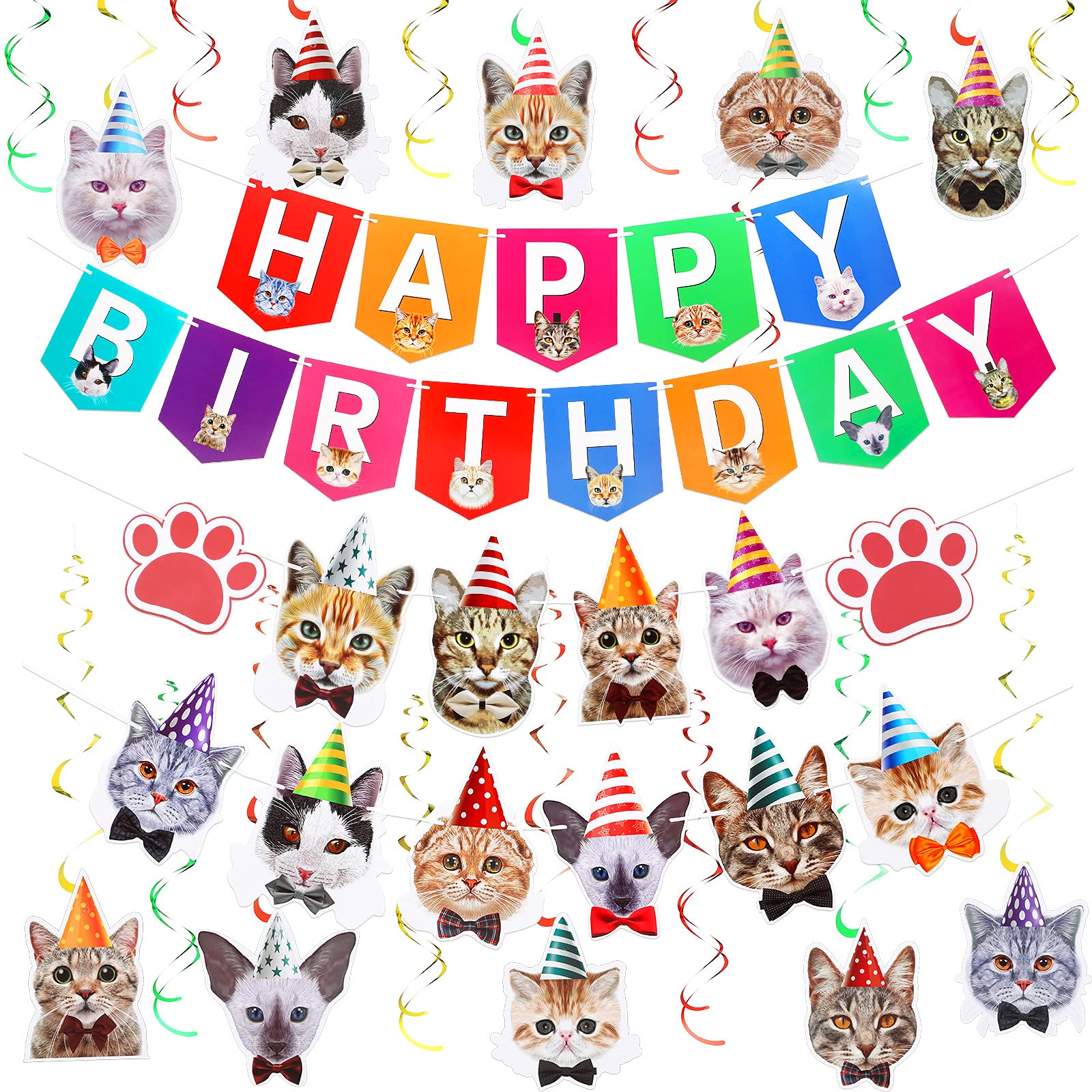 34-Piece Cat Party Decorations Set - Cat Faces Birthday Banner, Garland, Hanging Swirls for Pet Cat Theme Birthday Party | Perfect for Kittens Baby Shower, Adoption Celebrations & Kitty-Themed Events