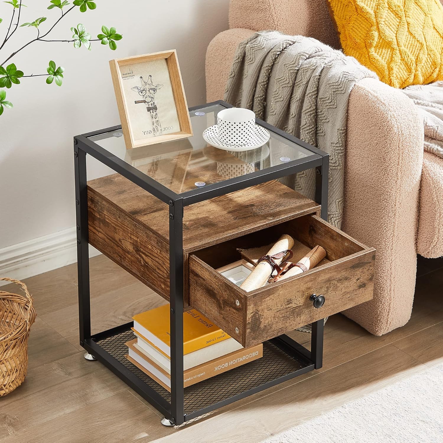 VECELO Set of 2 Nightstands with Glass Top, Drawer and Shelf - Modern End Tables for Bedroom, Living Room, Lounge - Brown Wooden Side Tables (Perfect for Small Spaces, Apartment Furniture & Home Decor)