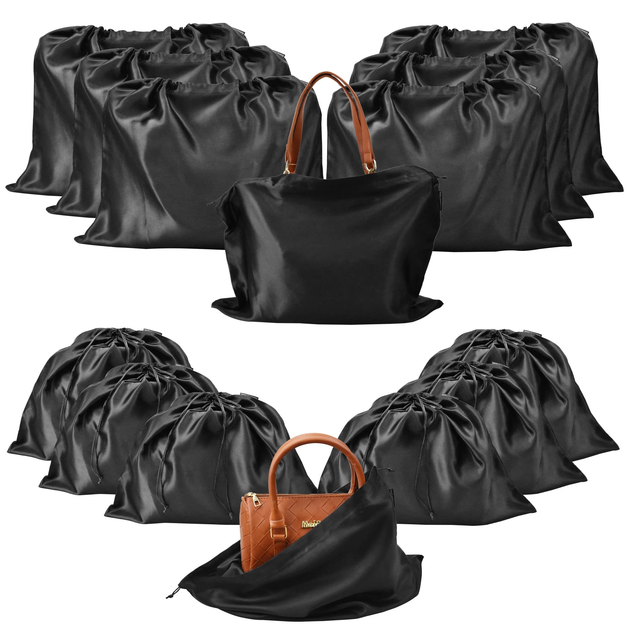 12 Pcs Satin Dust Bags for Purses & Handbags with Drawstring Closure - Luxury Handbag Protector & Storage Organizer (Black) - Perfect for Travel, Closet Organization & Designer Bag Protection