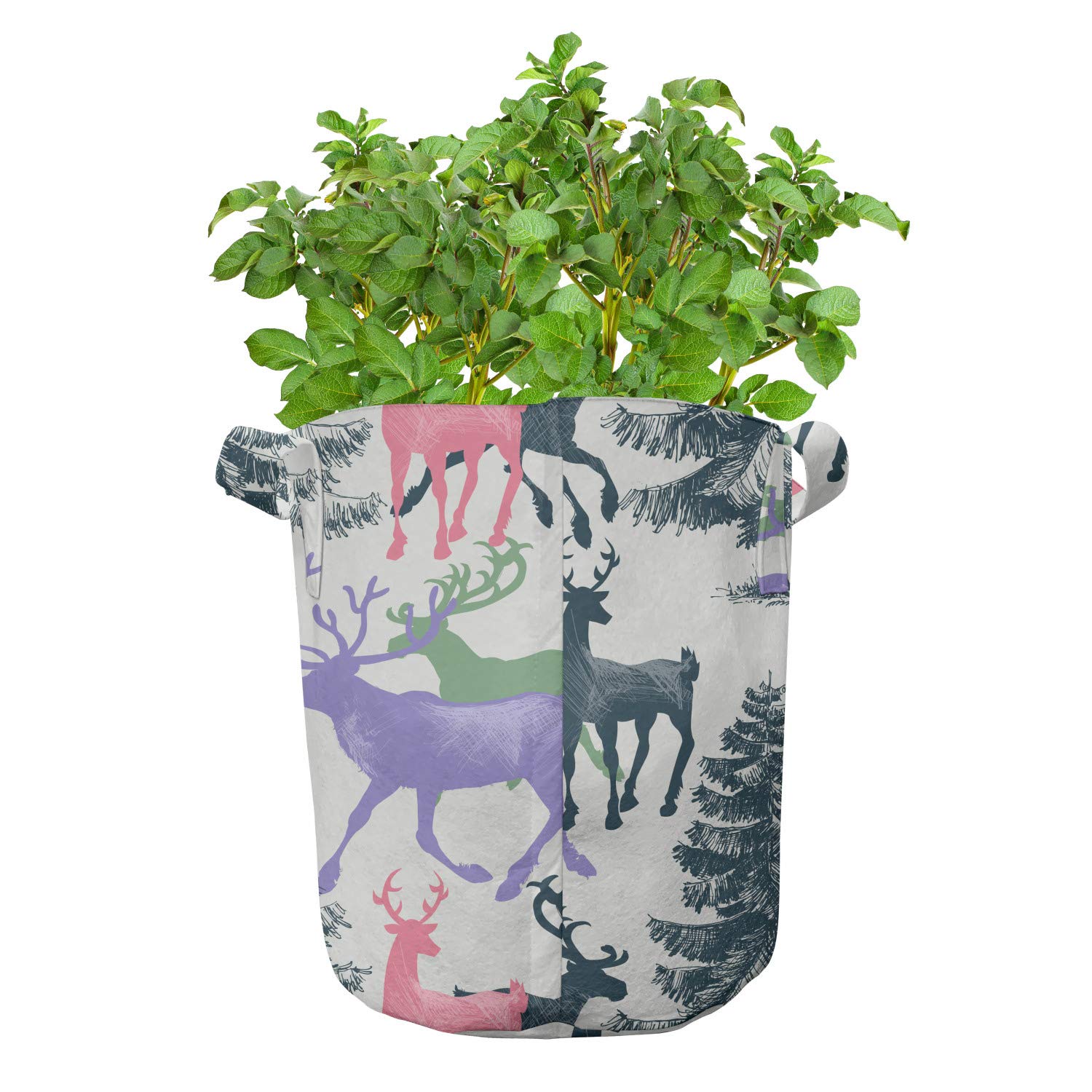 Ambesonne 5-Pack 7 Gallon Heavy Duty Fabric Grow Bags with Handles - Deer & Pine Trees Winter Season Design for Plants, Flowers & Vegetables - Perfect for Indoor Gardening, Outdoor Planting & Container Gardening