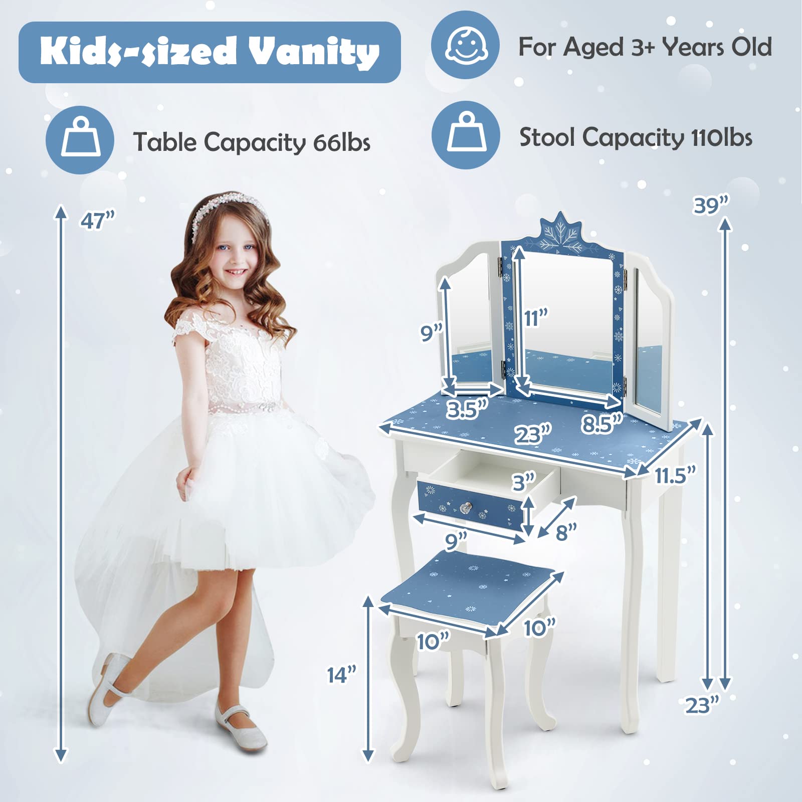 Honey Joy Kids Vanity Set - Princess Makeup Table with Mirror & Stool for Girls Bedroom (Blue) - Perfect for Dress-Up & Pretend Play