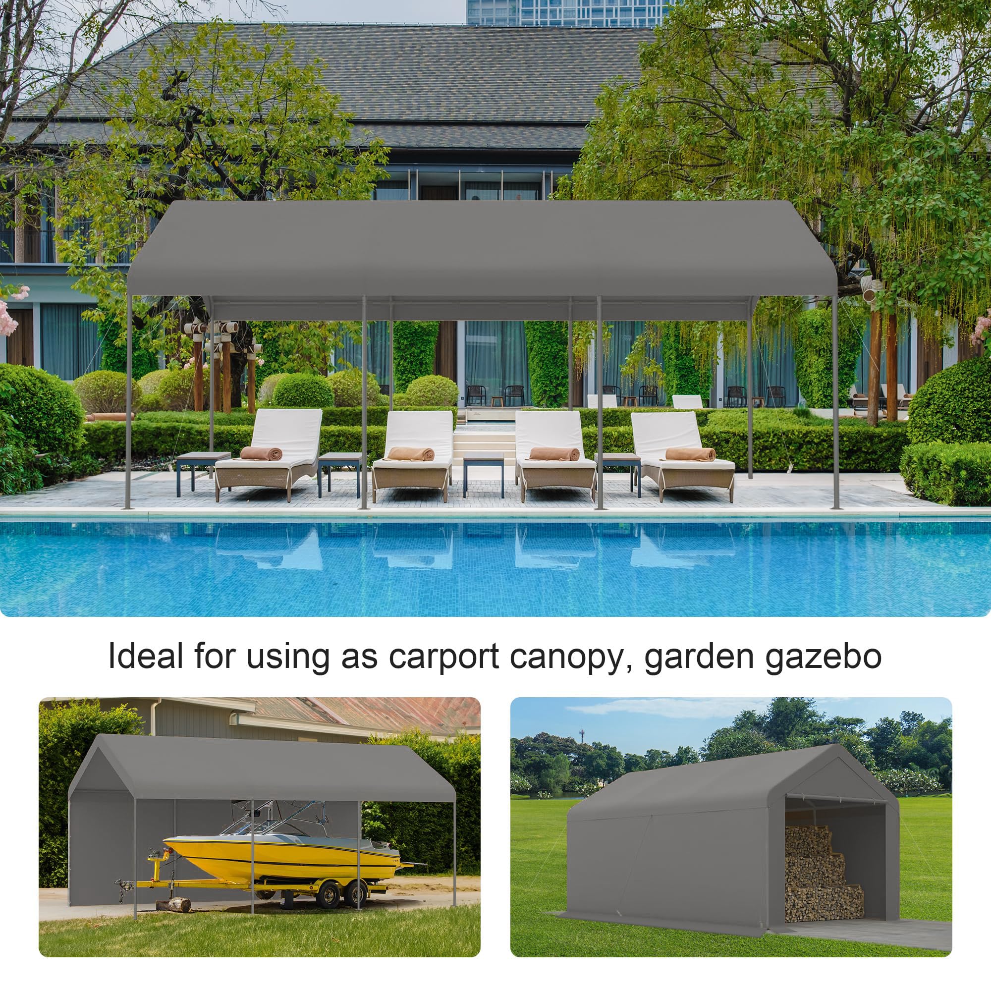 GOJOOASIS 10'x20' Portable Carport Canopy Tent - Waterproof & UV Protected Car Shelter, Portable Garage for Vehicles, Outdoor Storage, Wedding, Garden & Backyard Use (Gray)