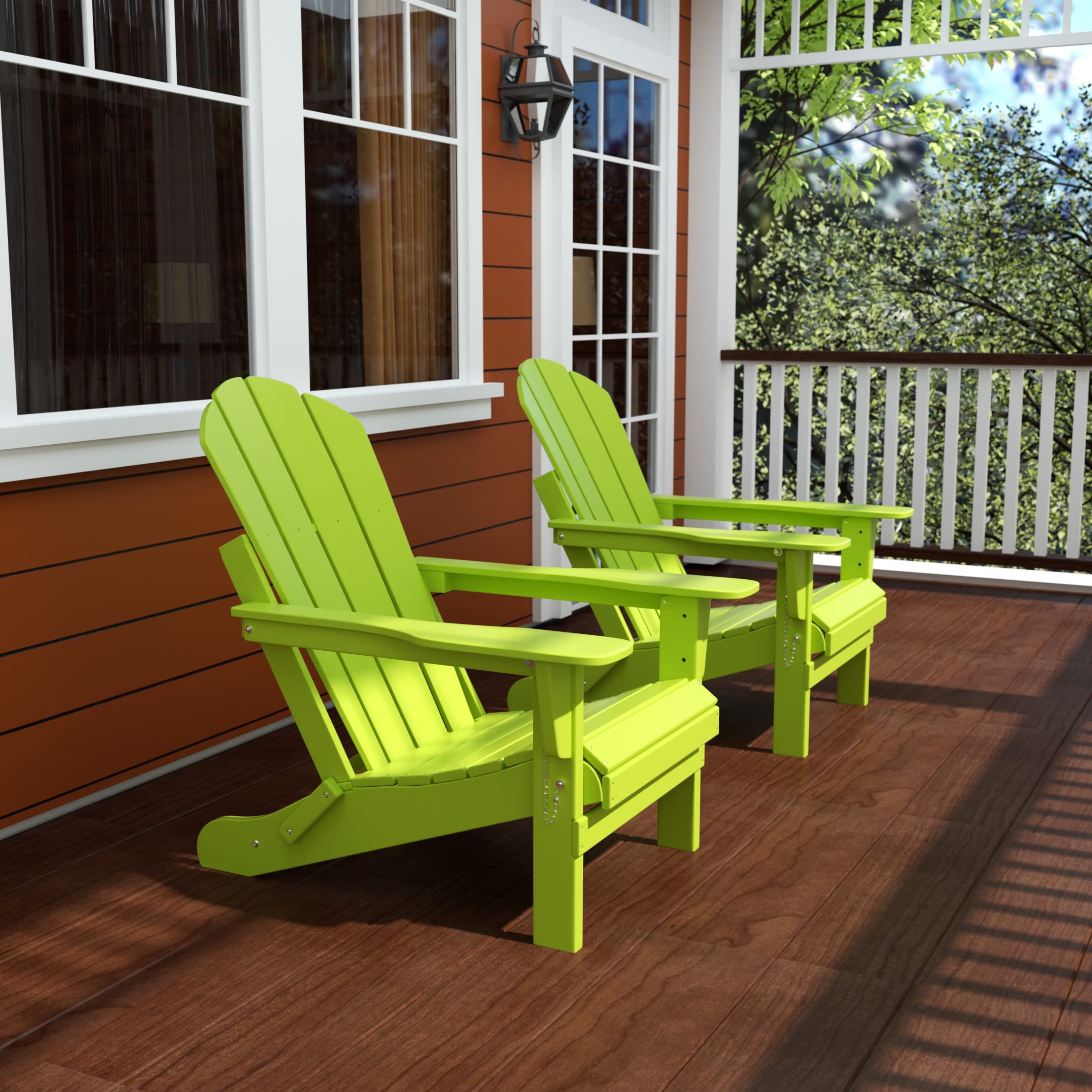 2-Pack HDPE Adirondack Chairs - Outdoor Folding Lounge Chairs for Patio, Garden, Poolside & Backyard - Weatherproof UV Resistant Furniture Set (Lime Green) - Perfect for Relaxing by the Fire Pit, Beach Lounging & Outdoor Entertaining
