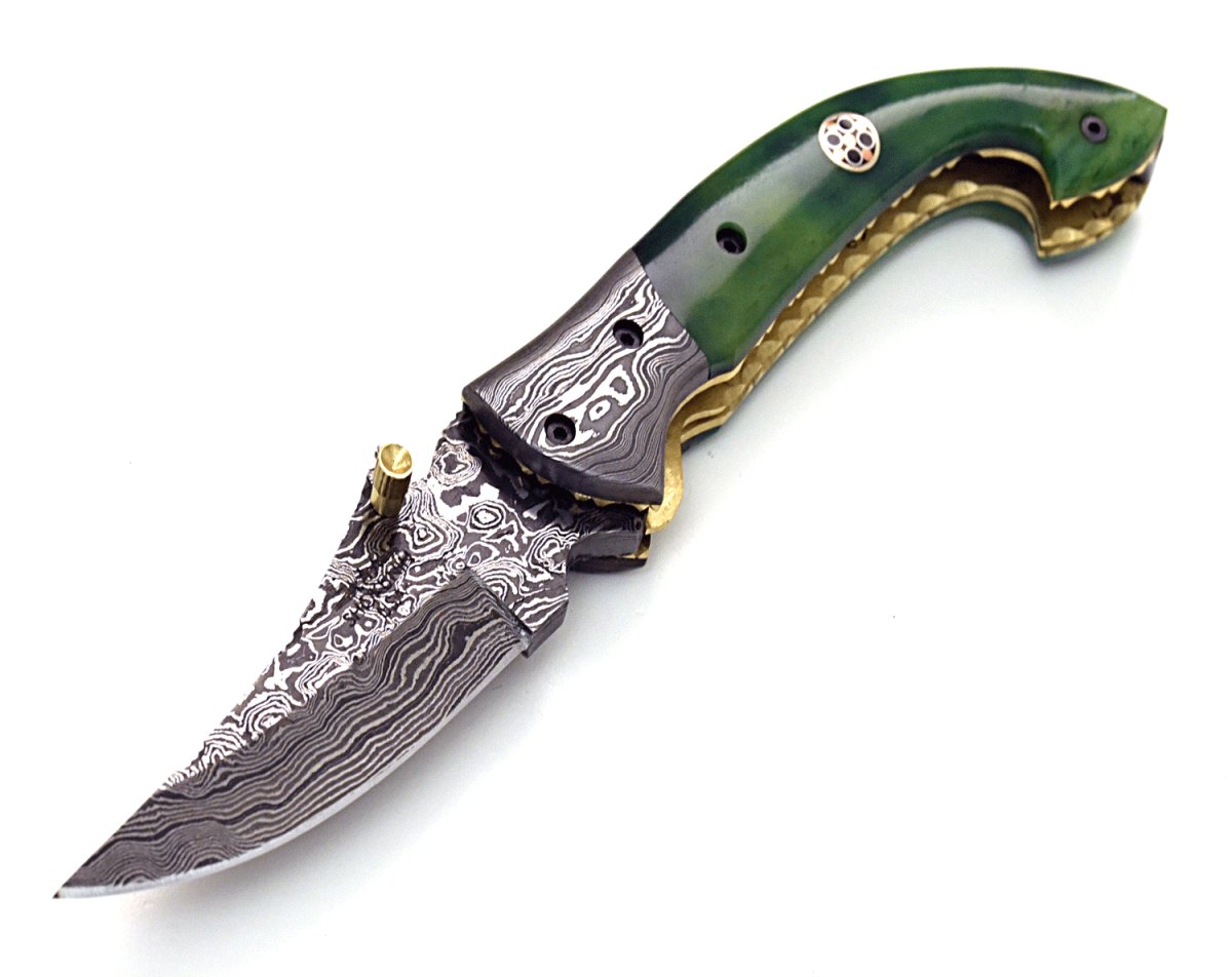 Premium Omni Damascus Steel Pocket Knife with Genuine Bone Handle & Leather Sheath - Perfect for Camping, Hiking, and Outdoor Adventures