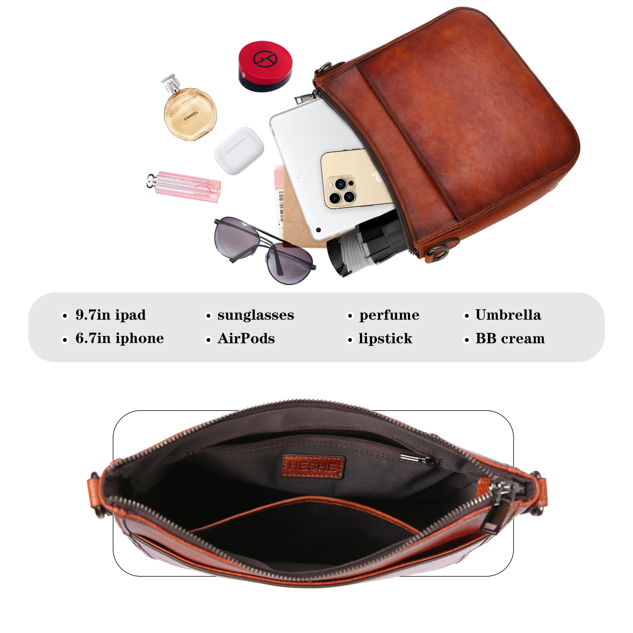 HESHE Genuine Leather Crossbody Bag for Women - Medium Shoulder Purse with Adjustable Guitar Strap, Satchel Handbag for Travel, Work & Everyday Use